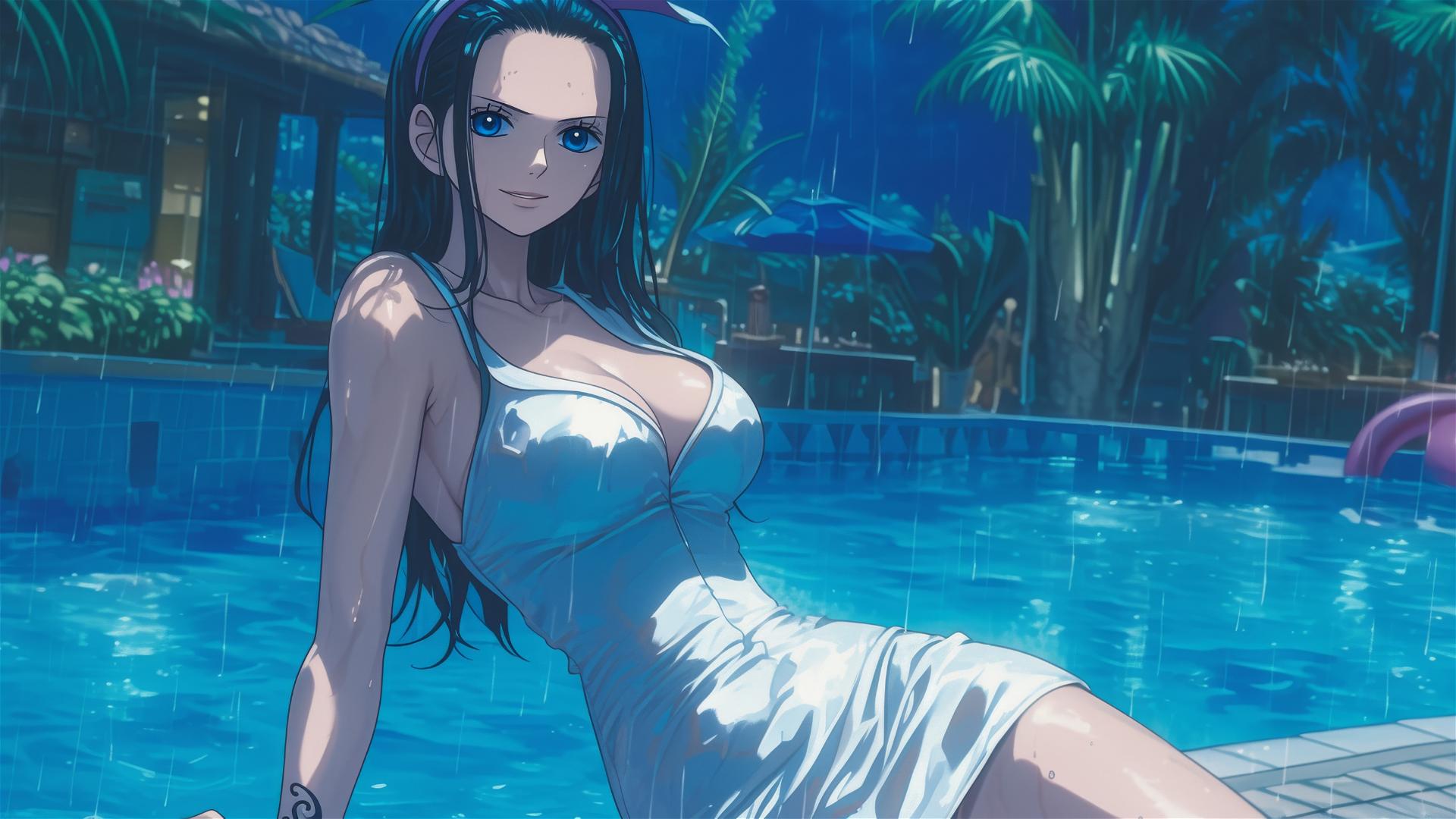 Nico Robin from One Piece resting by pool in the rain at night, moonlit, bunny pose, white dress