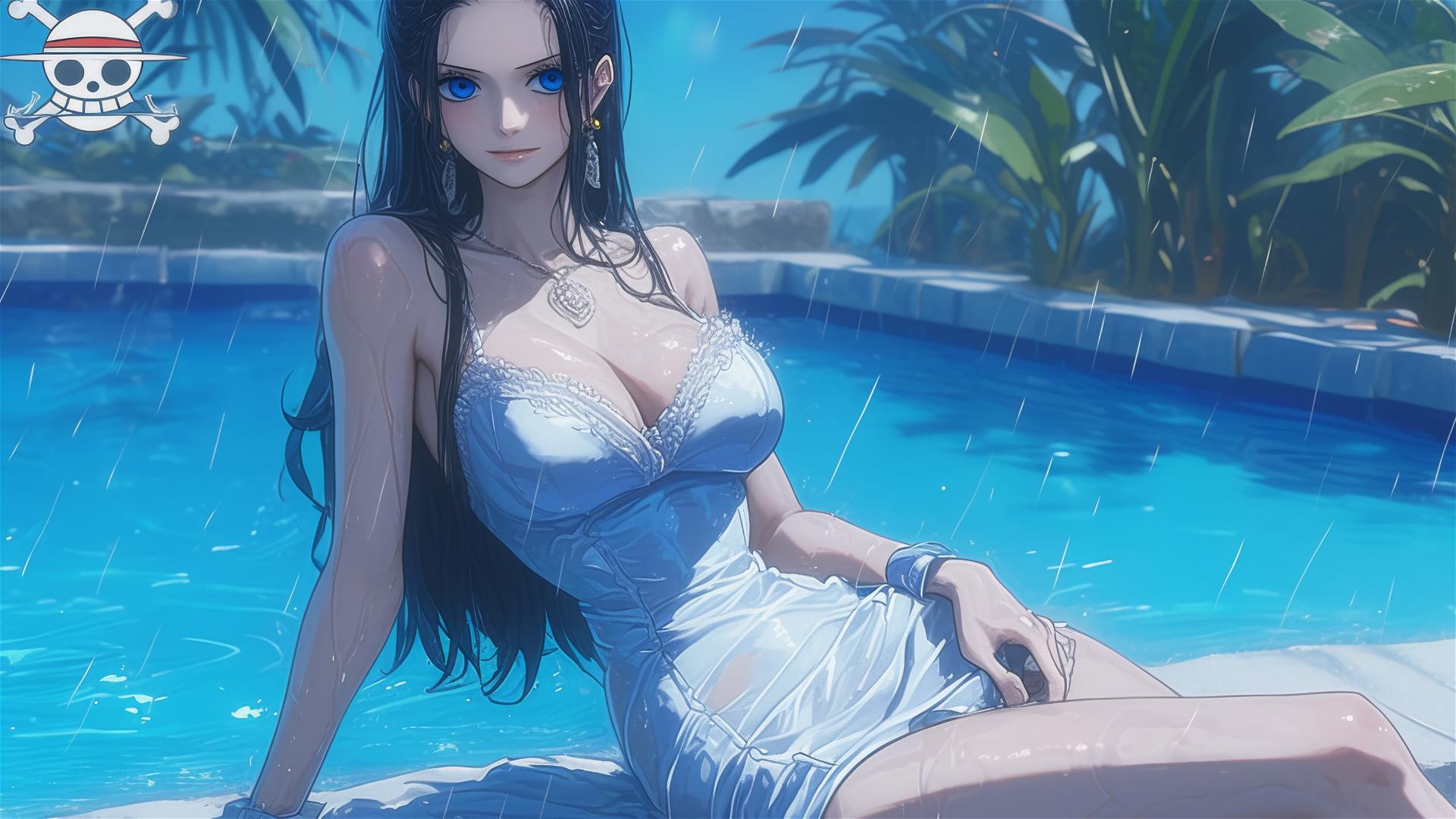 Nico Robin, One Piece character, resting by pool in moonlight, bunny girl pose, white dress, rainy day