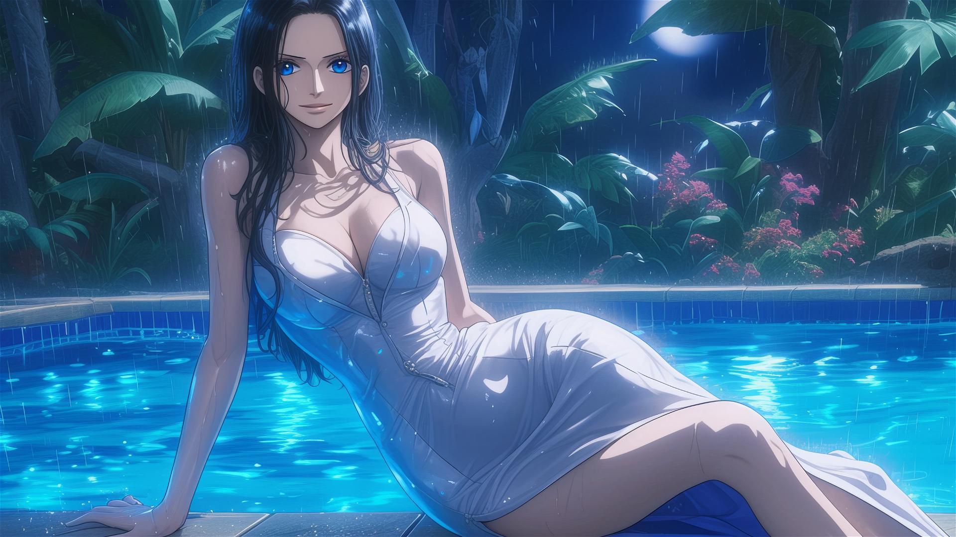 Nico Robin in bunny girl pose by pool in moonlight, rainy day, blue eyes, white dress