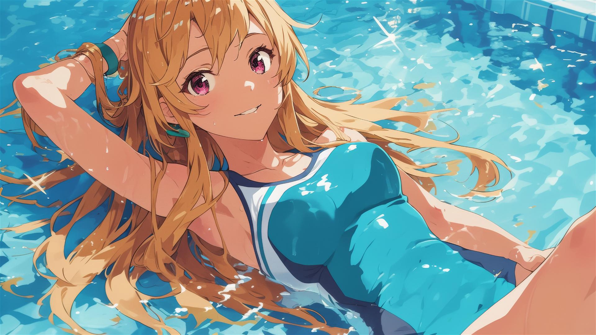 Erina Nakiri swimming in the moonlit pool with a soft glow on her figure, pinkish-purple eyes, honey blonde hair