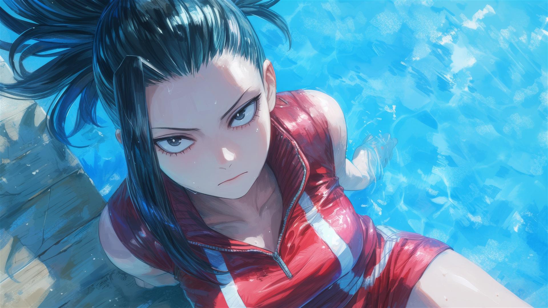Momo Yaoyorozu from My Hero Academia resting by pool in moonlight