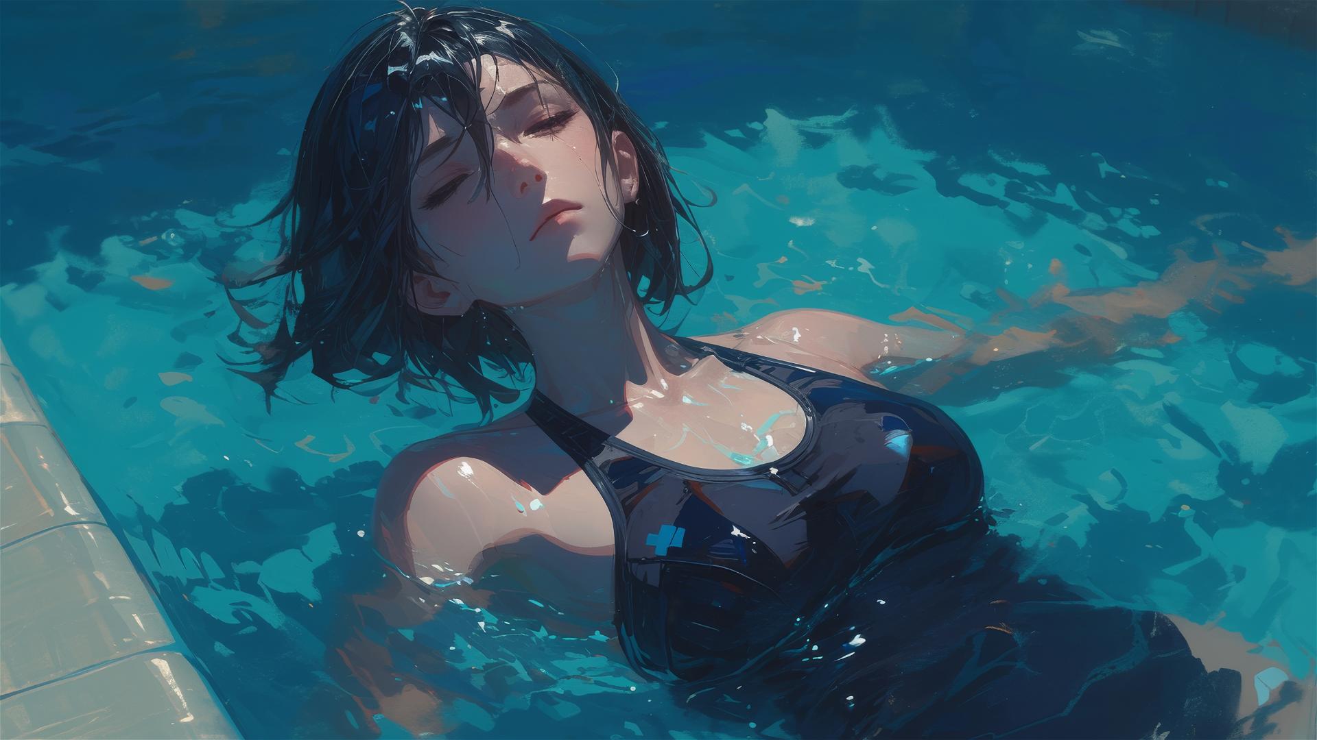 Mikasa Ackerman swims leisurely under moonlight