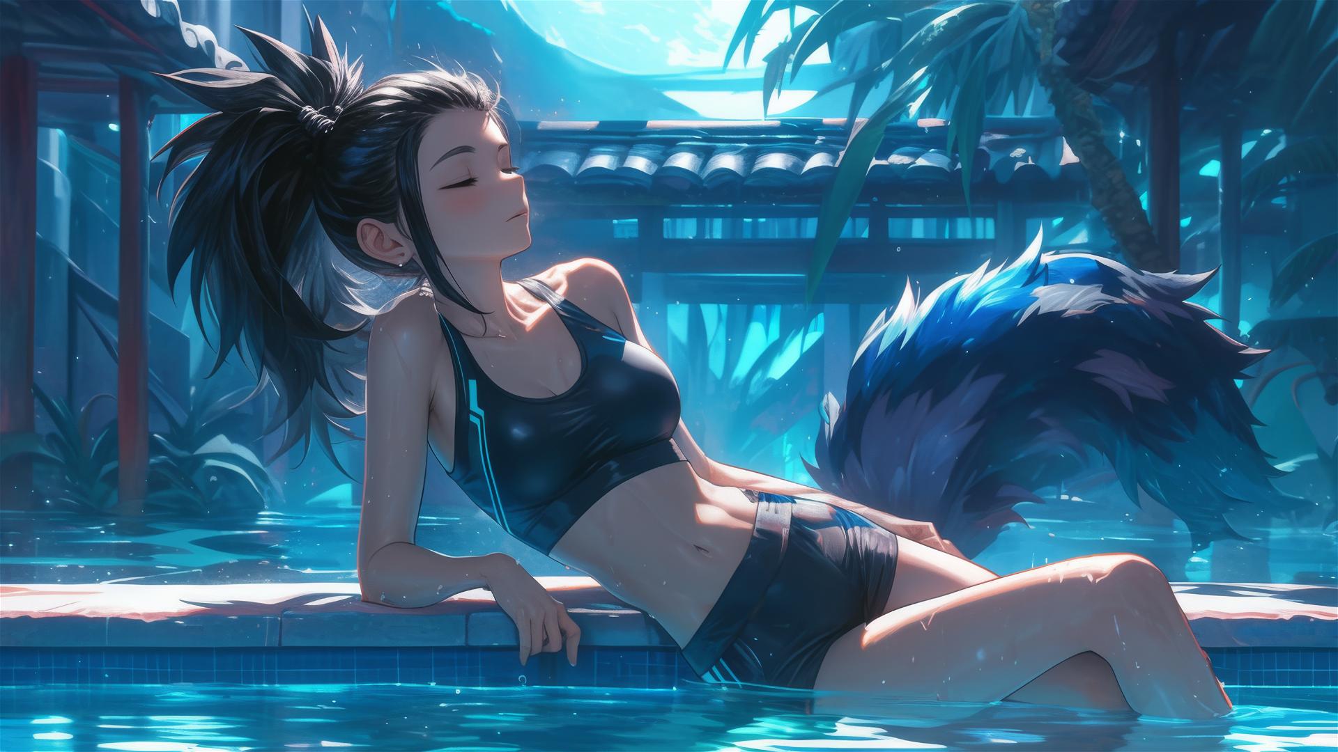 Momo Yaoyorozu from My Hero Academia resting by the pool under moonlight