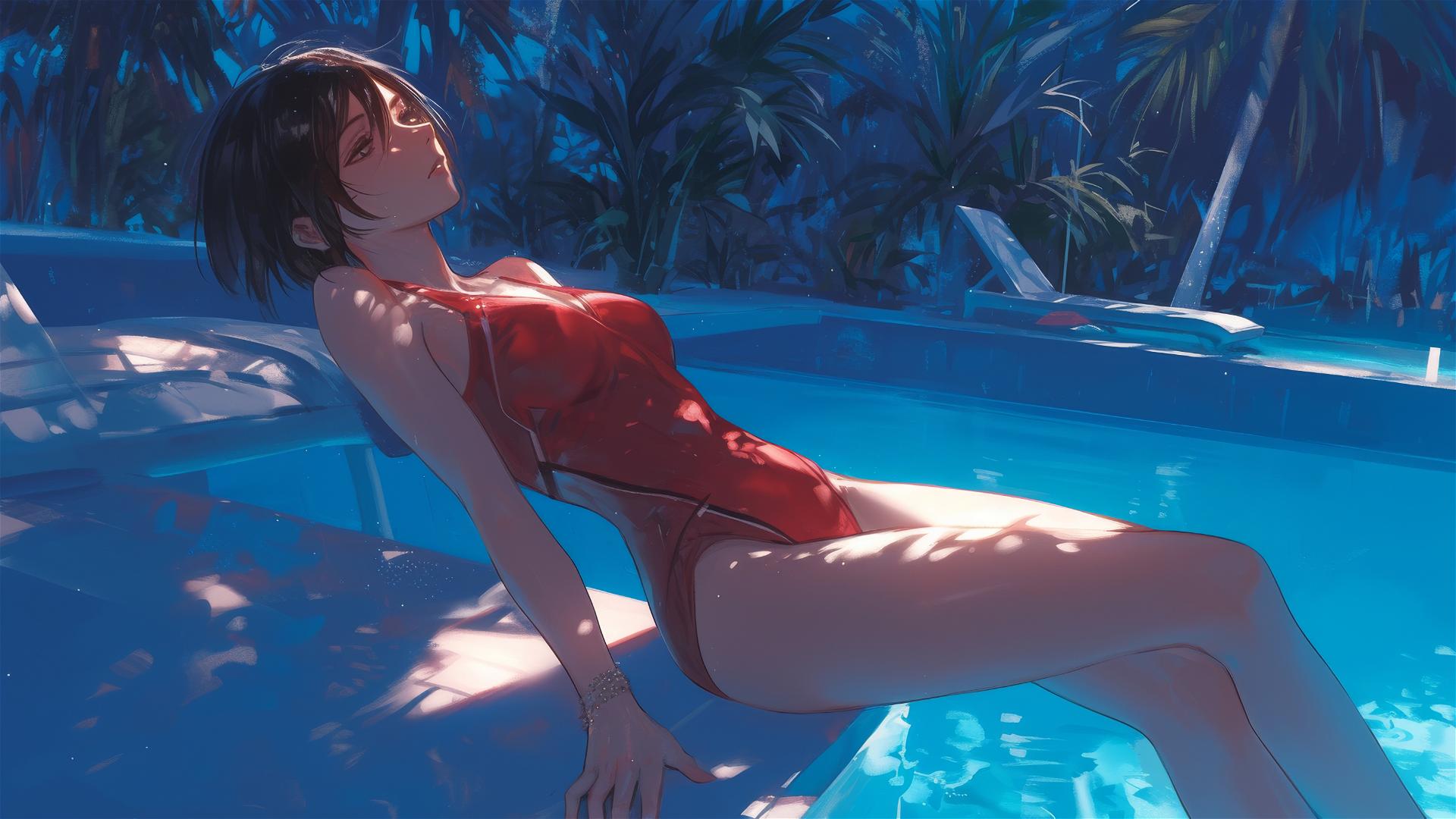 Mikasa Ackerman resting by pool under moonlight