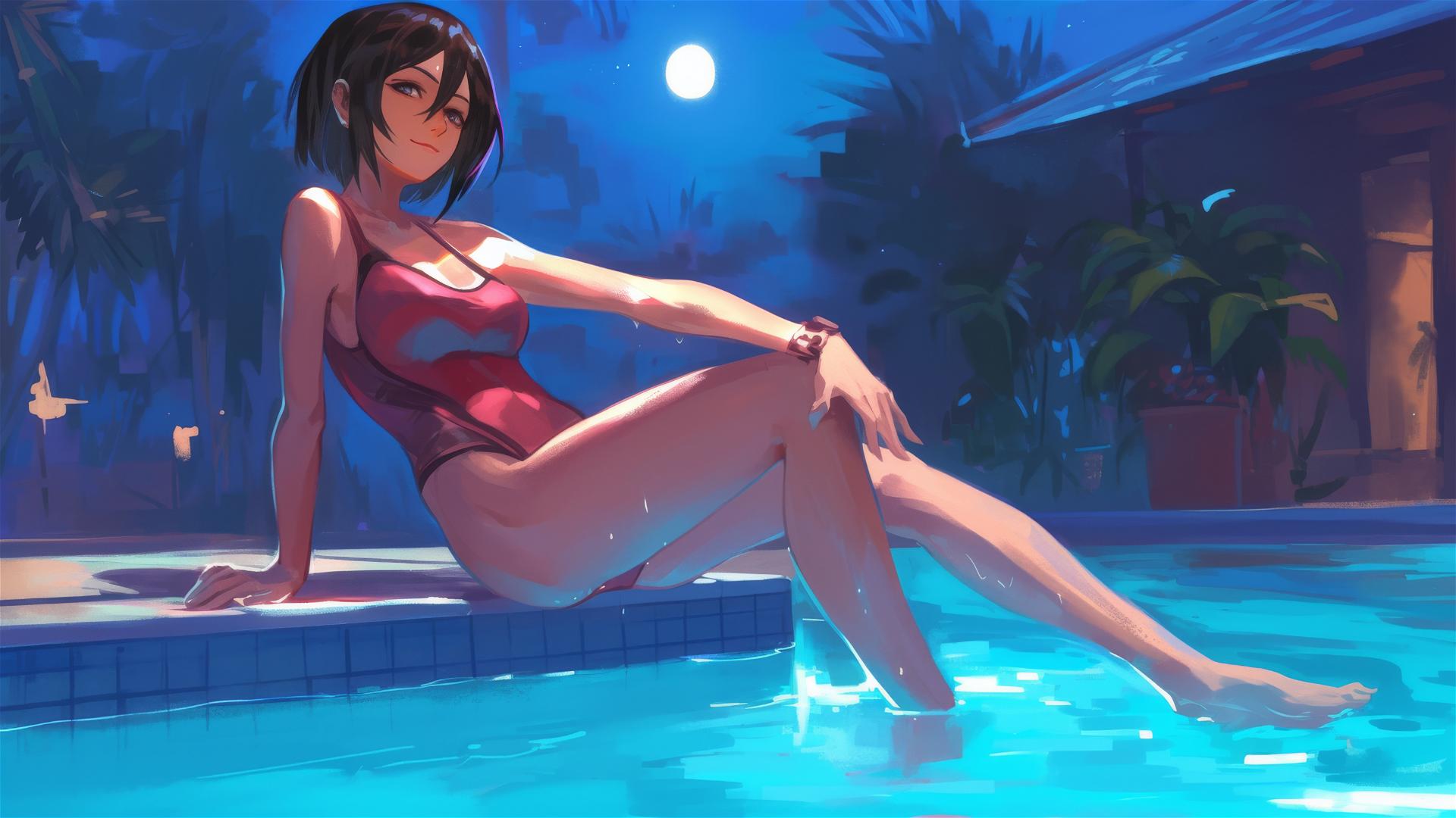 Mikasa Ackerman by the pool under moonlight
