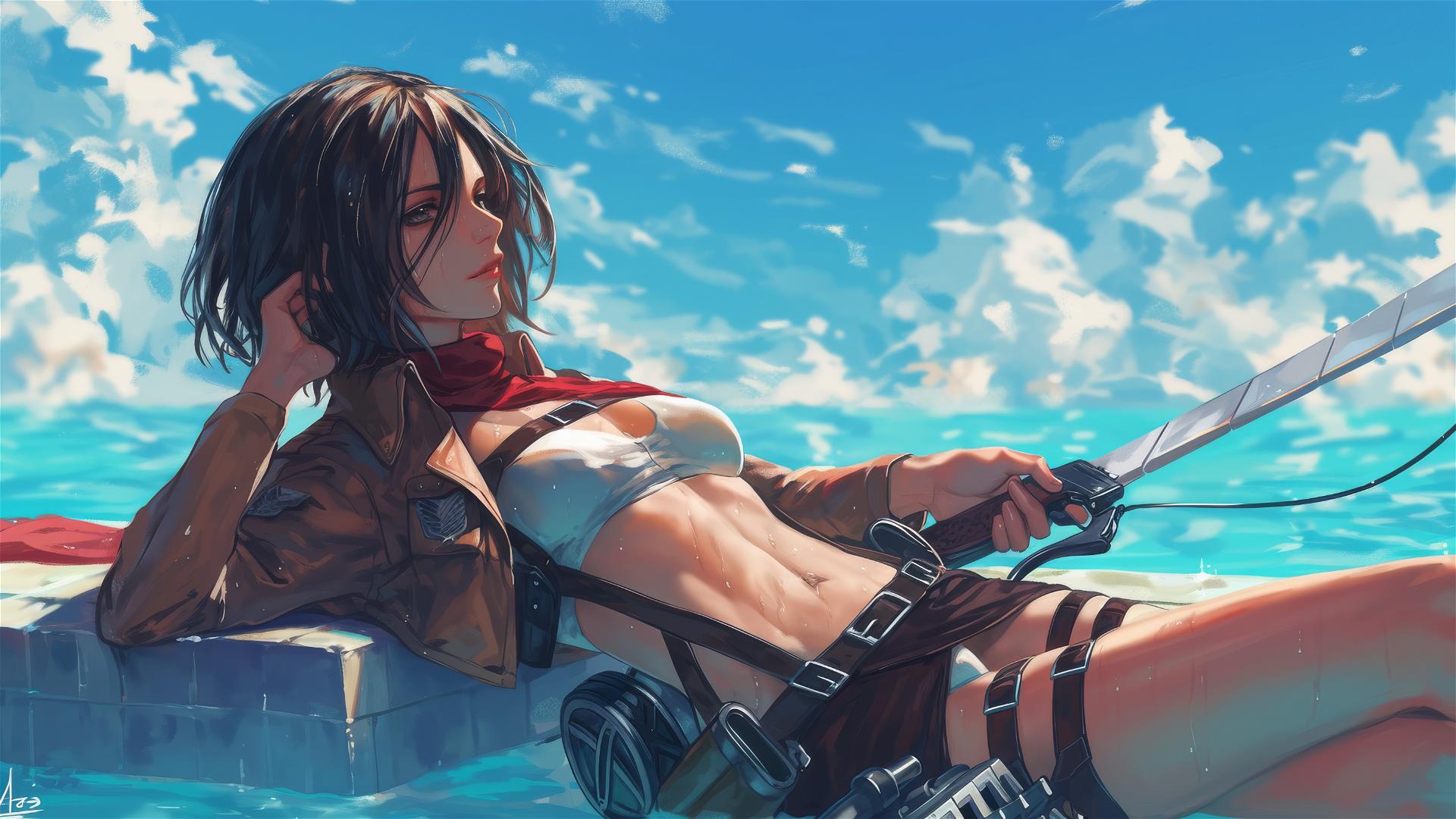 Mikasa Ackerman resting by the pool in moonlight