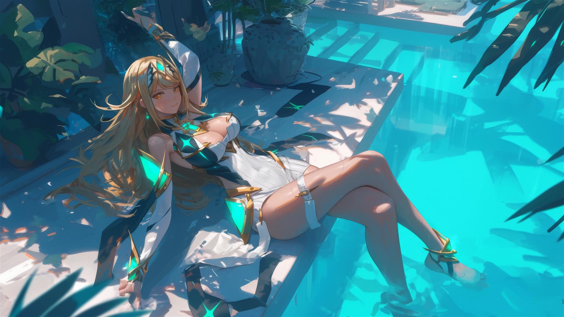 Aerial view of Mythra from Xenoblade Chronicles resting by a pool under moonlight