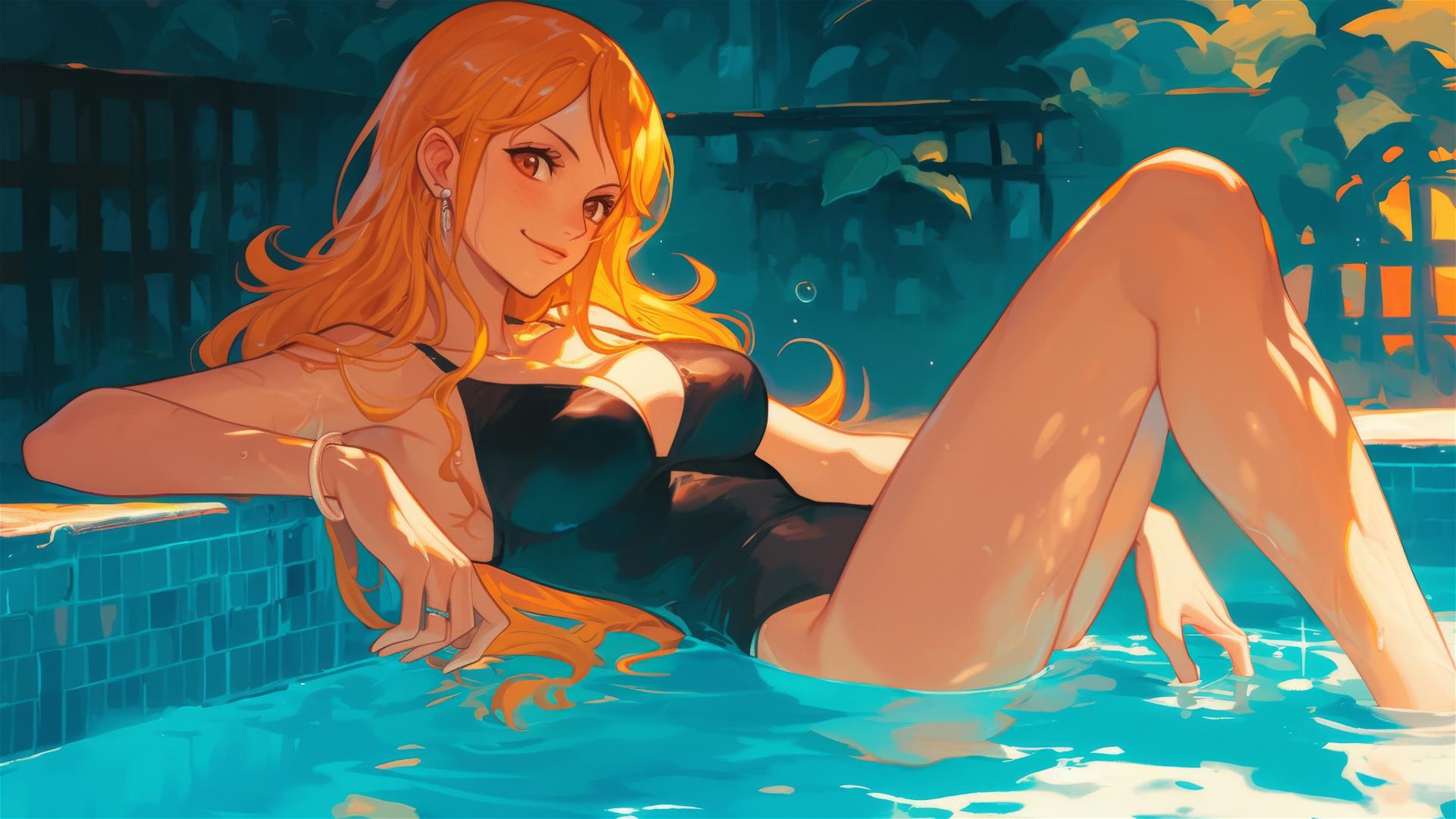 Nami from One Piece by the pool under moonlight