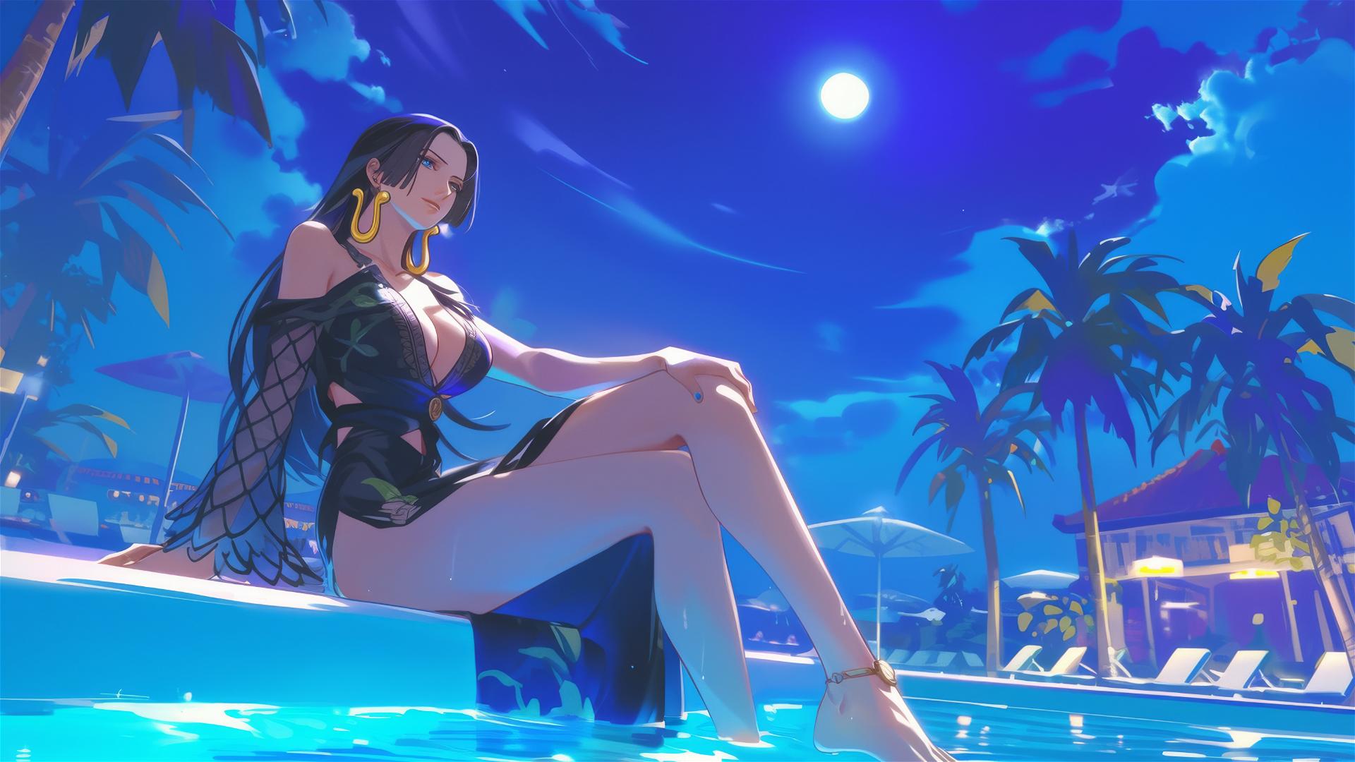 Boa Hancock by poolside under moonlight