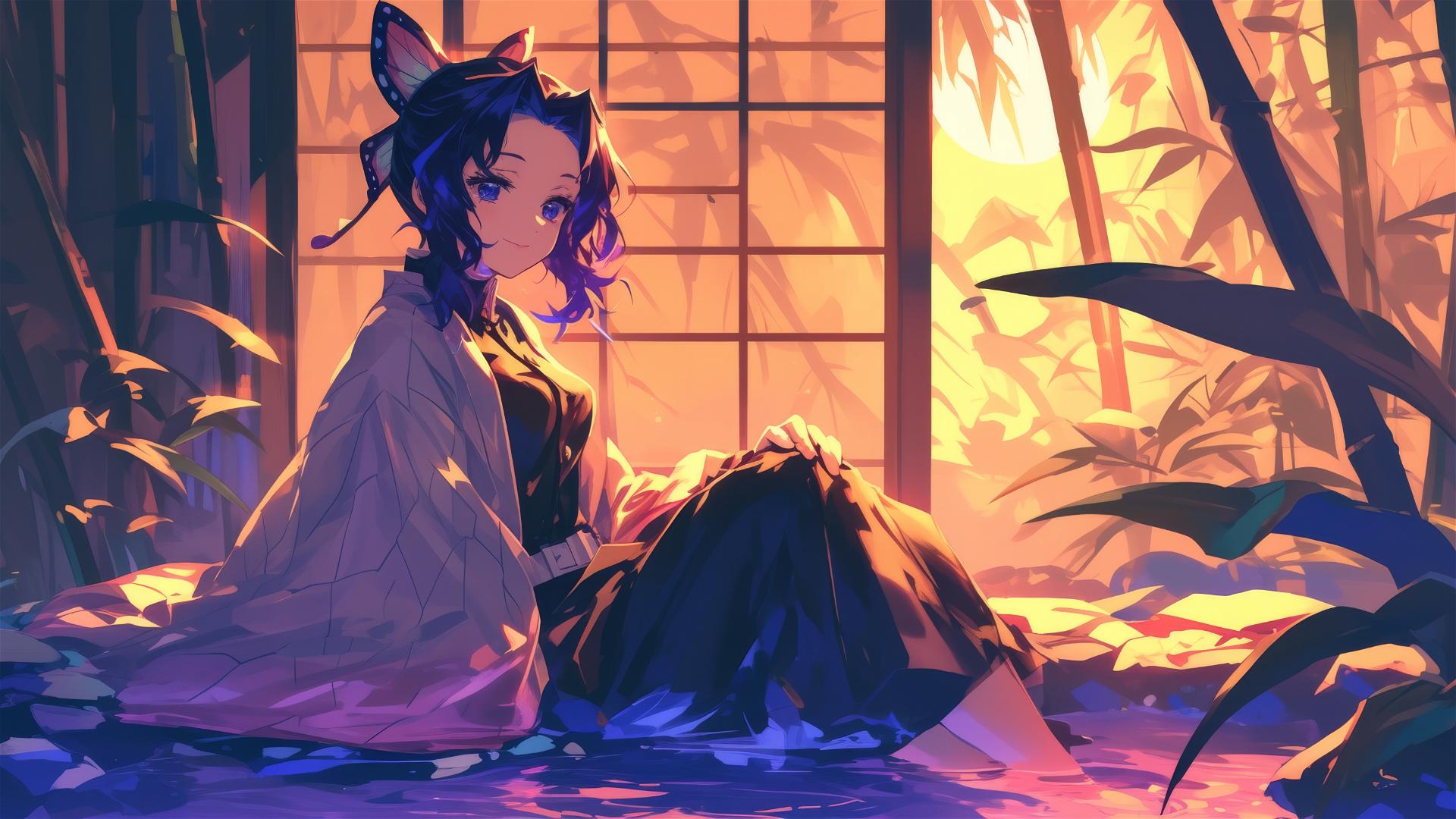 Shinobu Kocho from Demon Slayer resting by a hot spring under moonlight