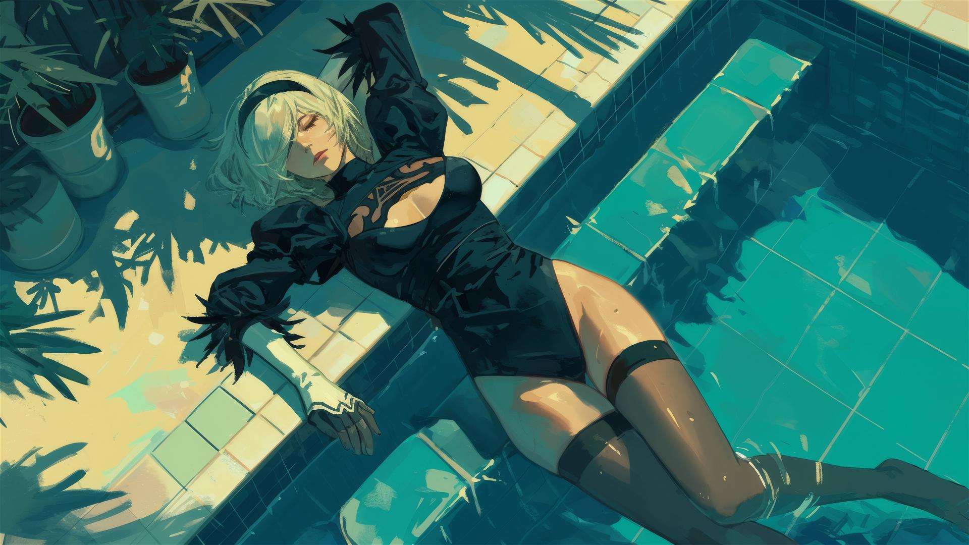 2B from Nier relaxing poolside under moonlight