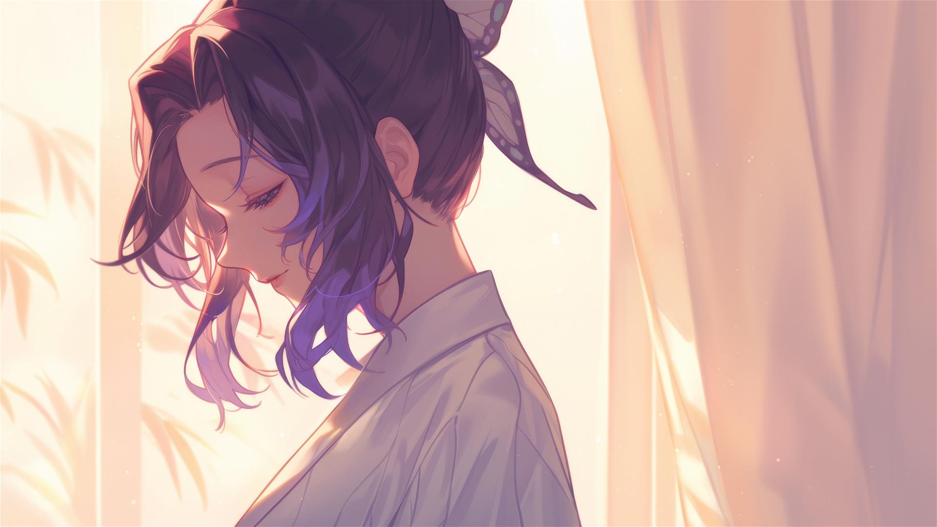 Shinobu Kocho in modern silk white shirt at sunrise in apartment