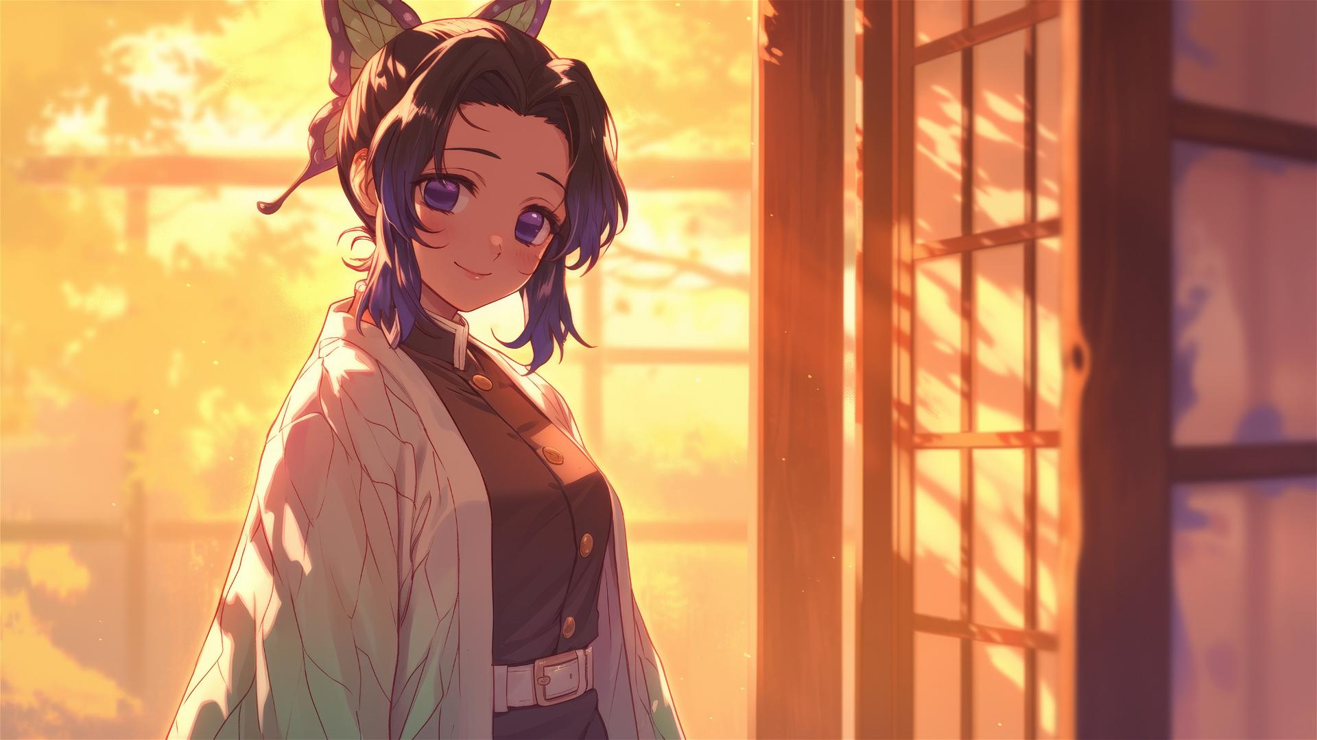 Shinobu Kocho in modern silk pajamas at sunrise in an apartment