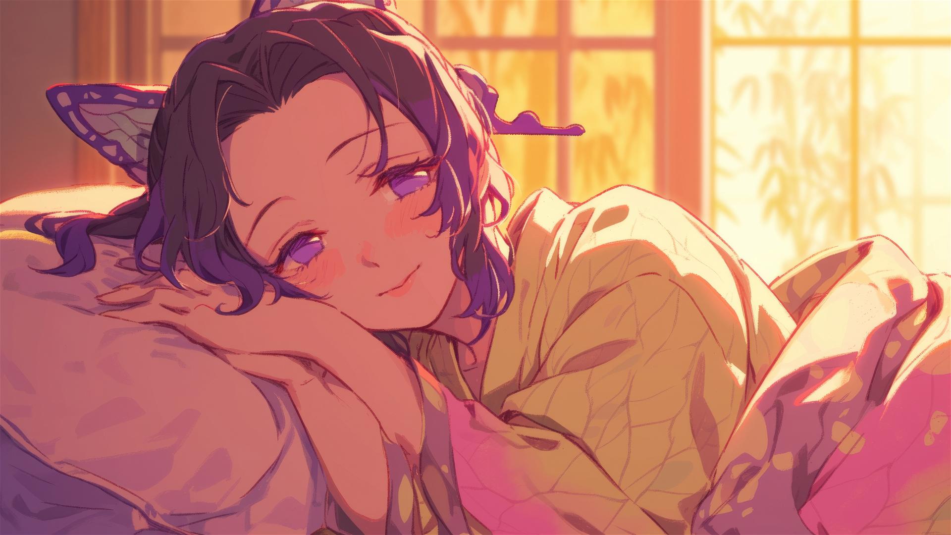Shinobu Kocho in silk pajamas resting at sunrise