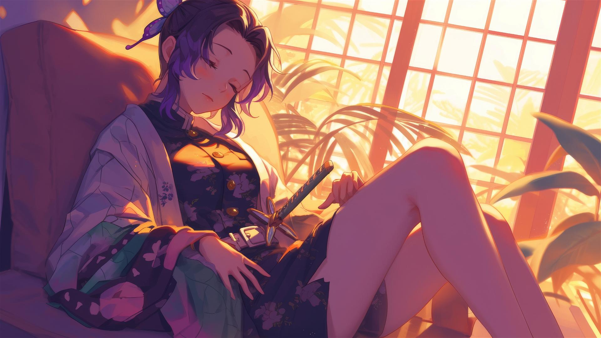 Shinobu Kocho from Demon Slayer in silk pajamas resting in sunrise light