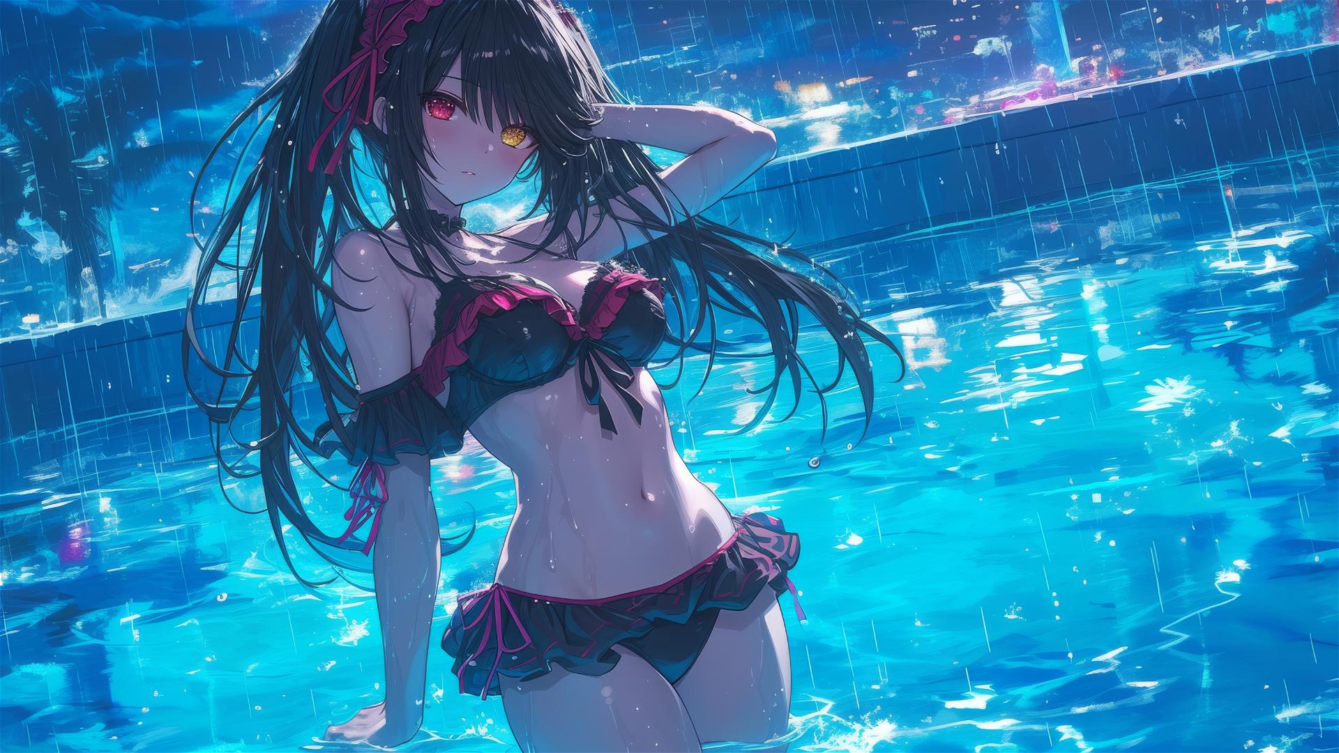 Kurumi Tokisaki in rainy pool with moonlight