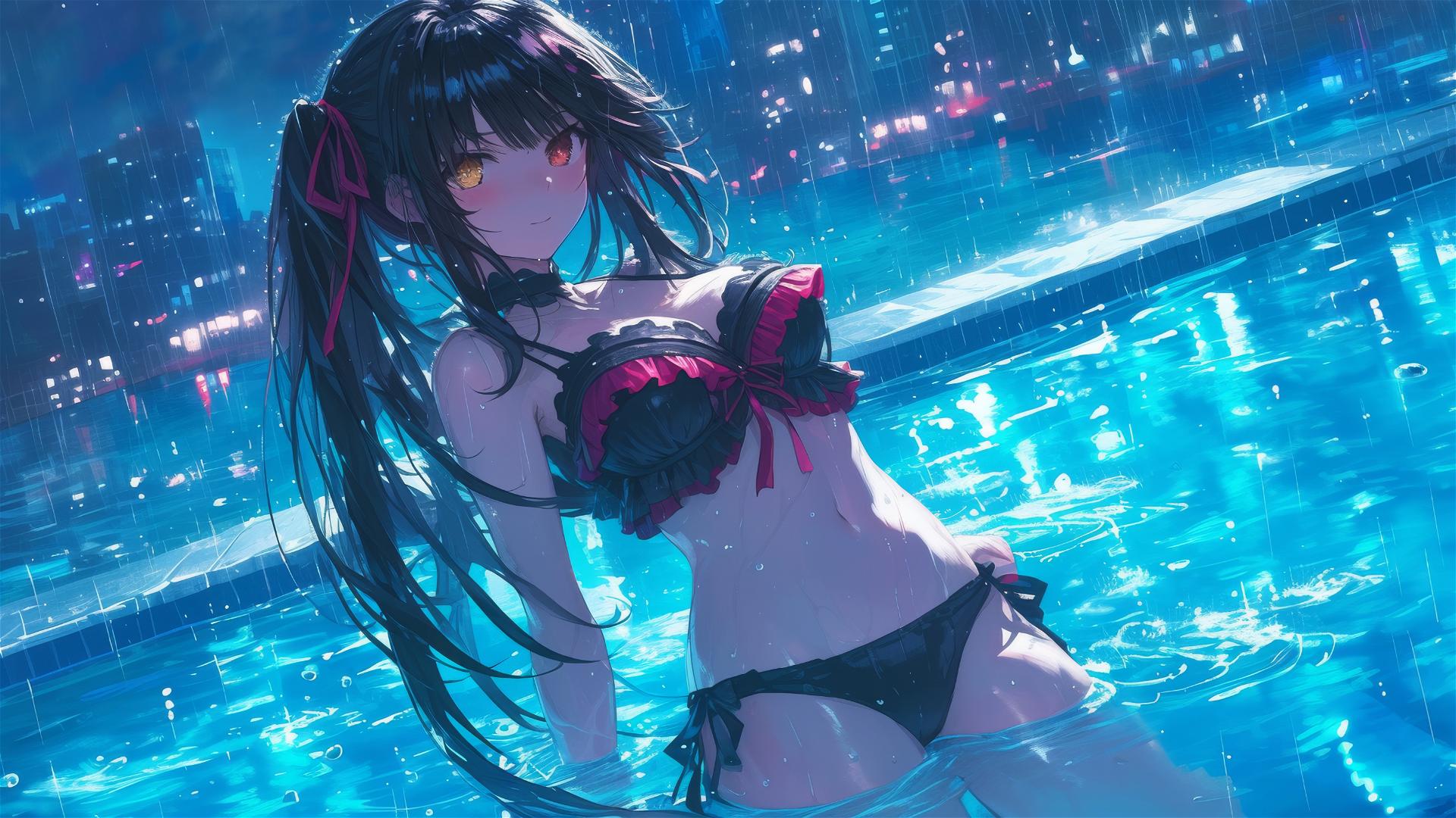 Kurumi Tokisaki from Date A Live standing in a rainy pool under moonlight