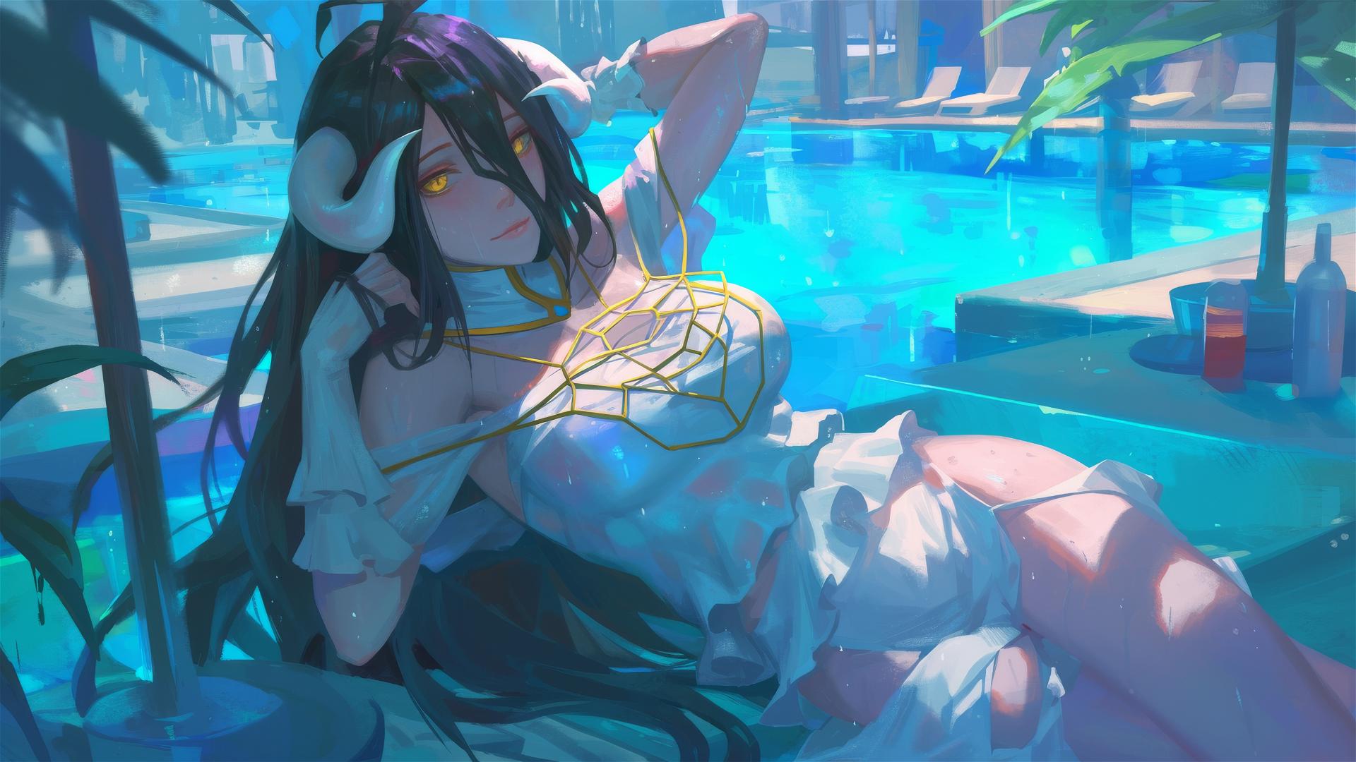 Albedo from Overlord in a swimming pool on a rainy day, moonlight casting a soft glow