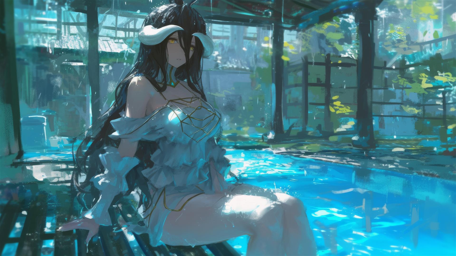 Albedo from Overlord in a pool on a rainy night with moonlight glow