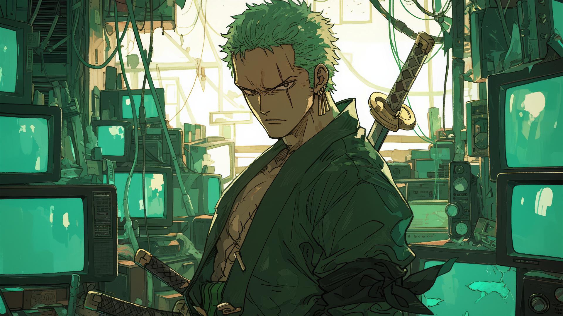 Roronoa Zoro on old TVs in abandoned shop