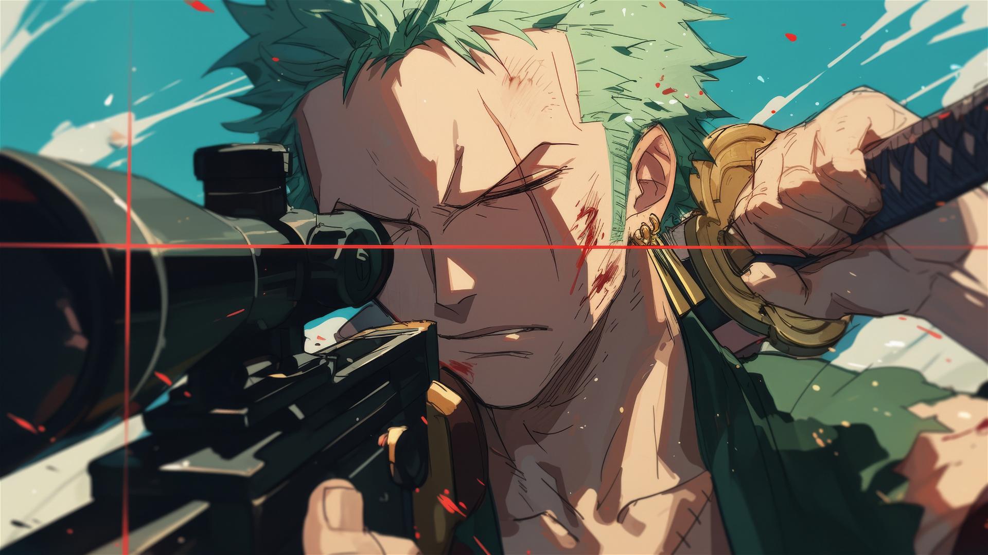 Roronoa Zoro in sniper scope crosshairs