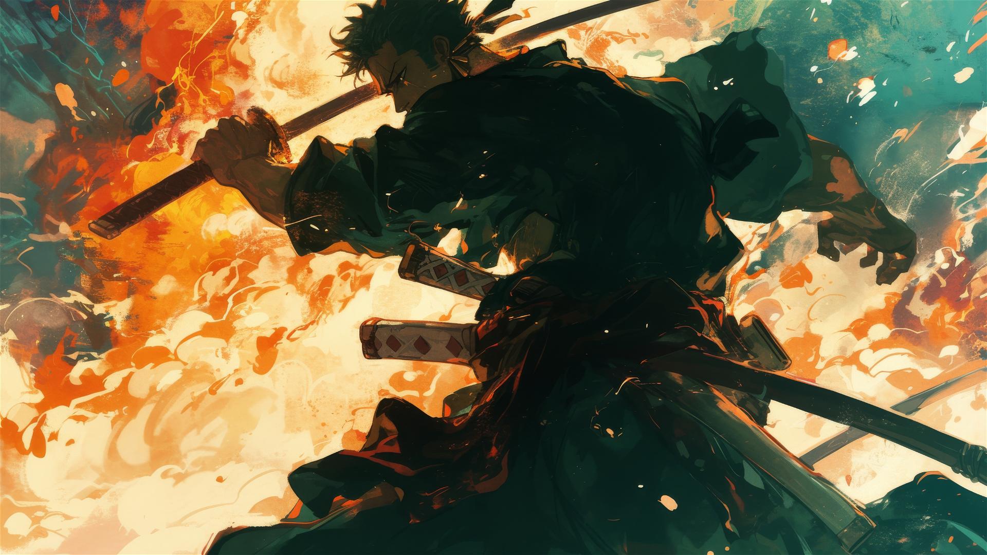 Silhouette of Roronoa Zoro in a cave with fire shadows