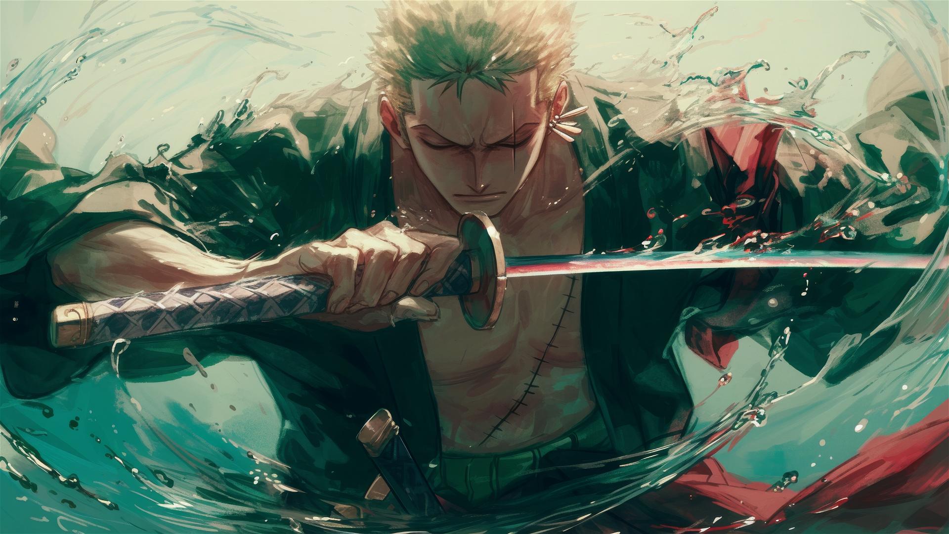 Roronoa Zoro reflected in oil with ripples distorting stance