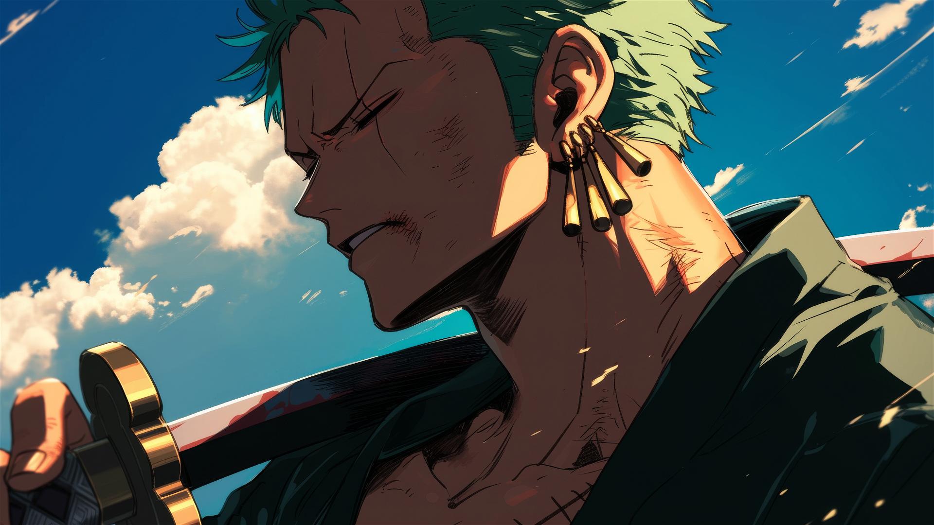 Close-up of Zoro's clenched jaw & furrowed brow under stormy sky