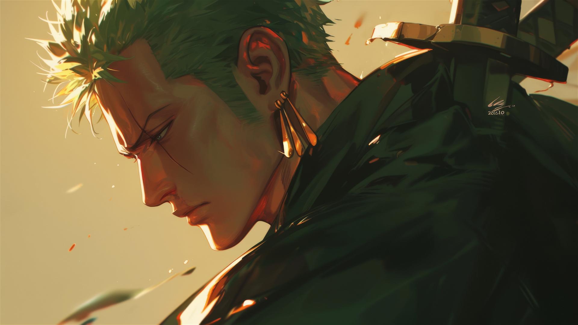 Roronoa Zoro in lantern light with deep shadows