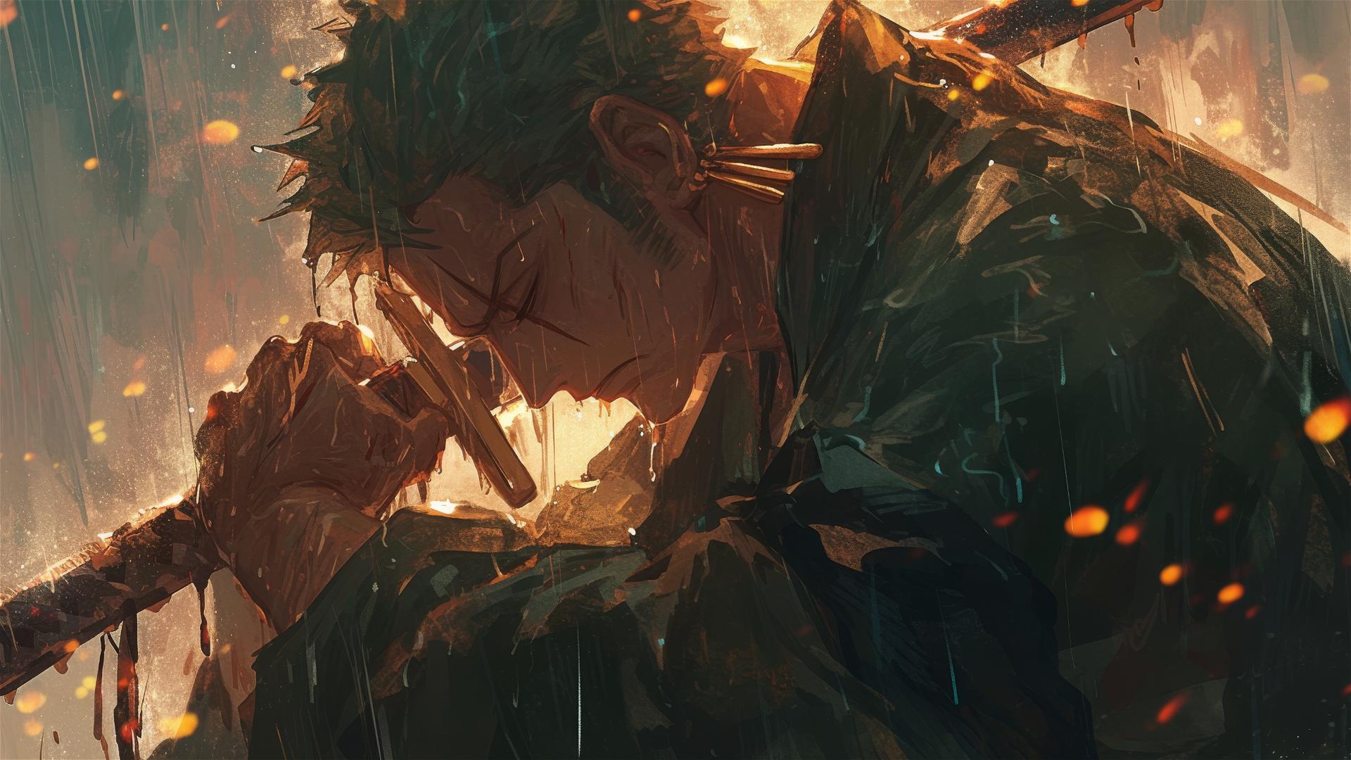 Roronoa Zoro from One Piece looking down at a vanquished foe in a rainstorm
