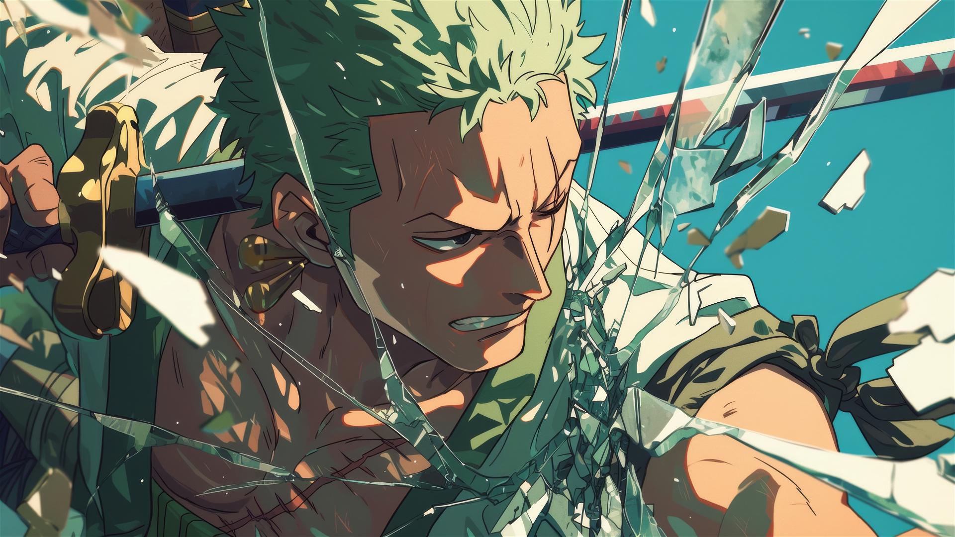Roronoa Zoro in battle seen through cracked wall
