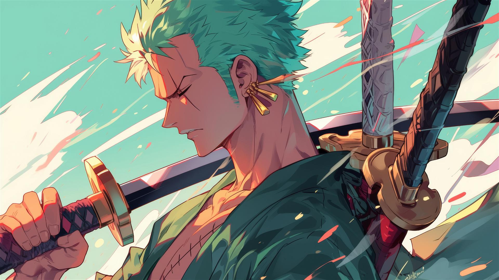 Roronoa Zoro from One Piece looking over shoulder at battlefield