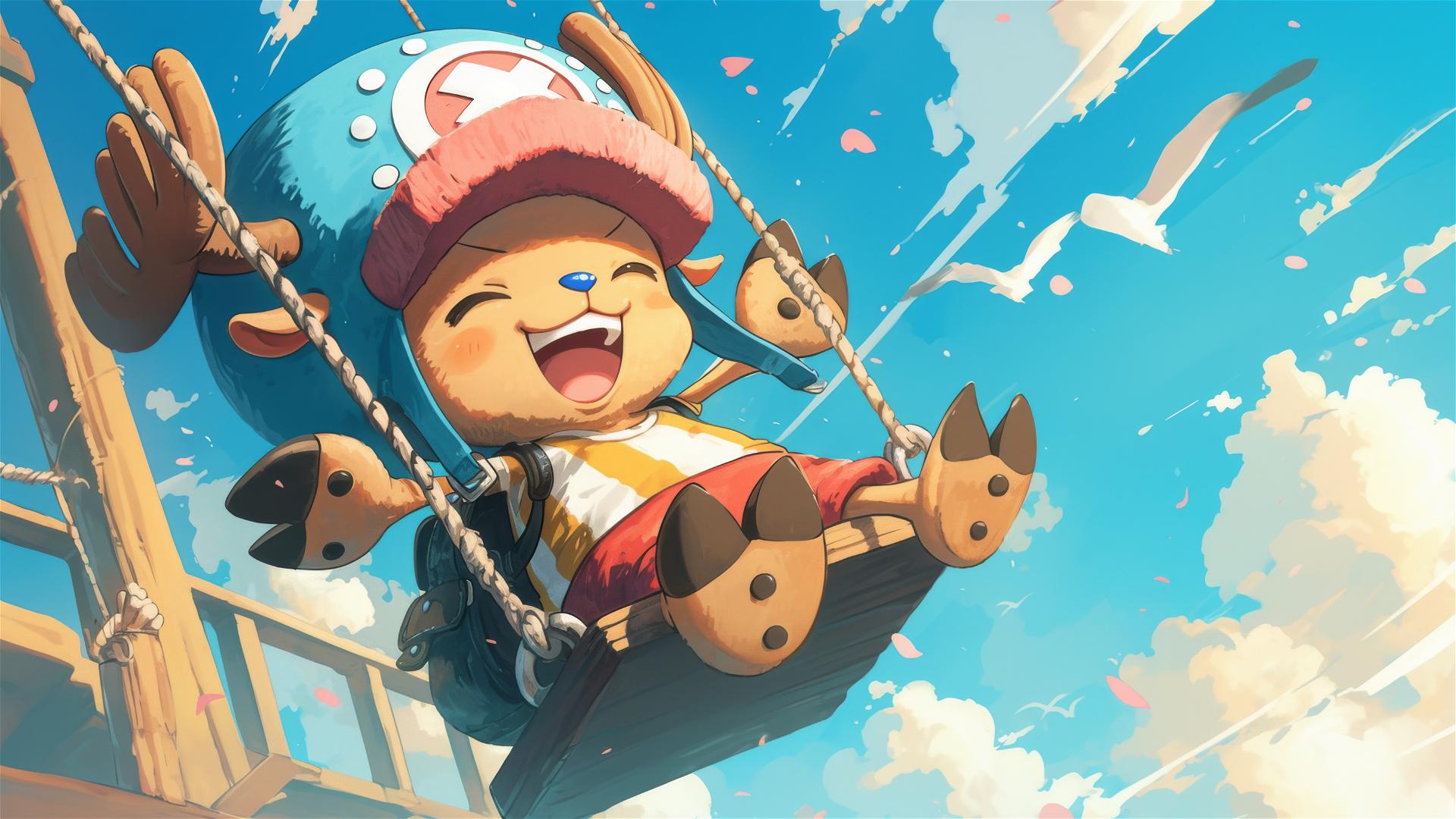 Tony Tony Chopper from One Piece on a swing set, feet in the air, joyful