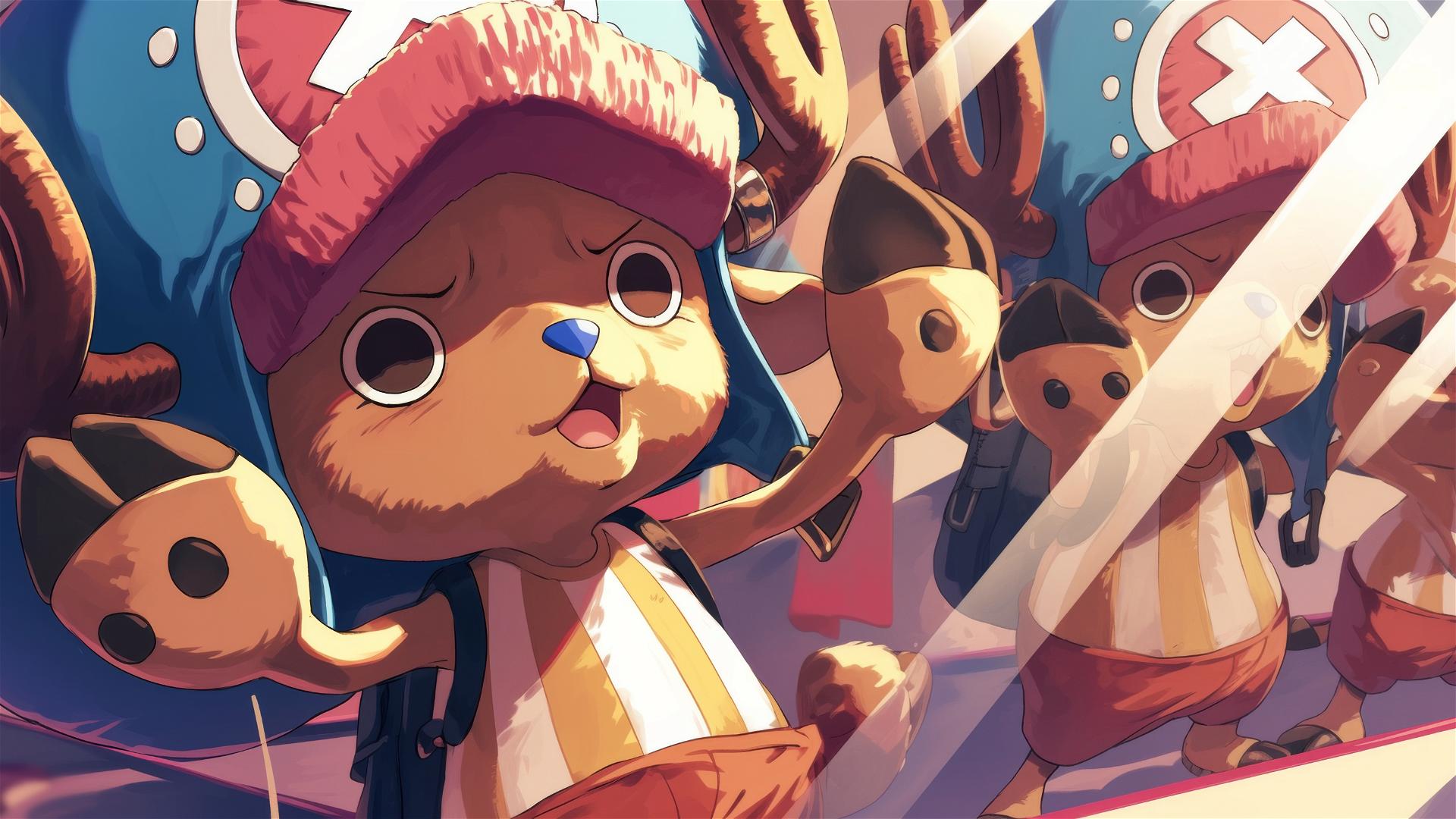 Tony Tony Chopper tries on funny hats in front of a mirror with multiple reflections.