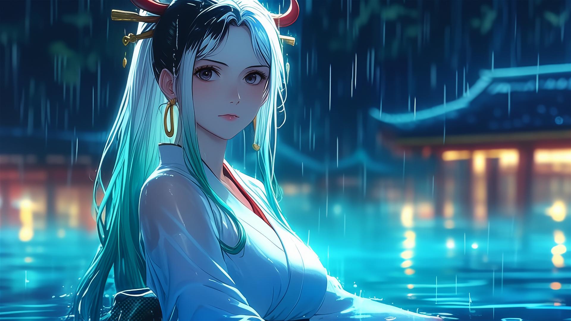 Yamato from One Piece standing in a rainy pool with moonlight glow, dressed in white