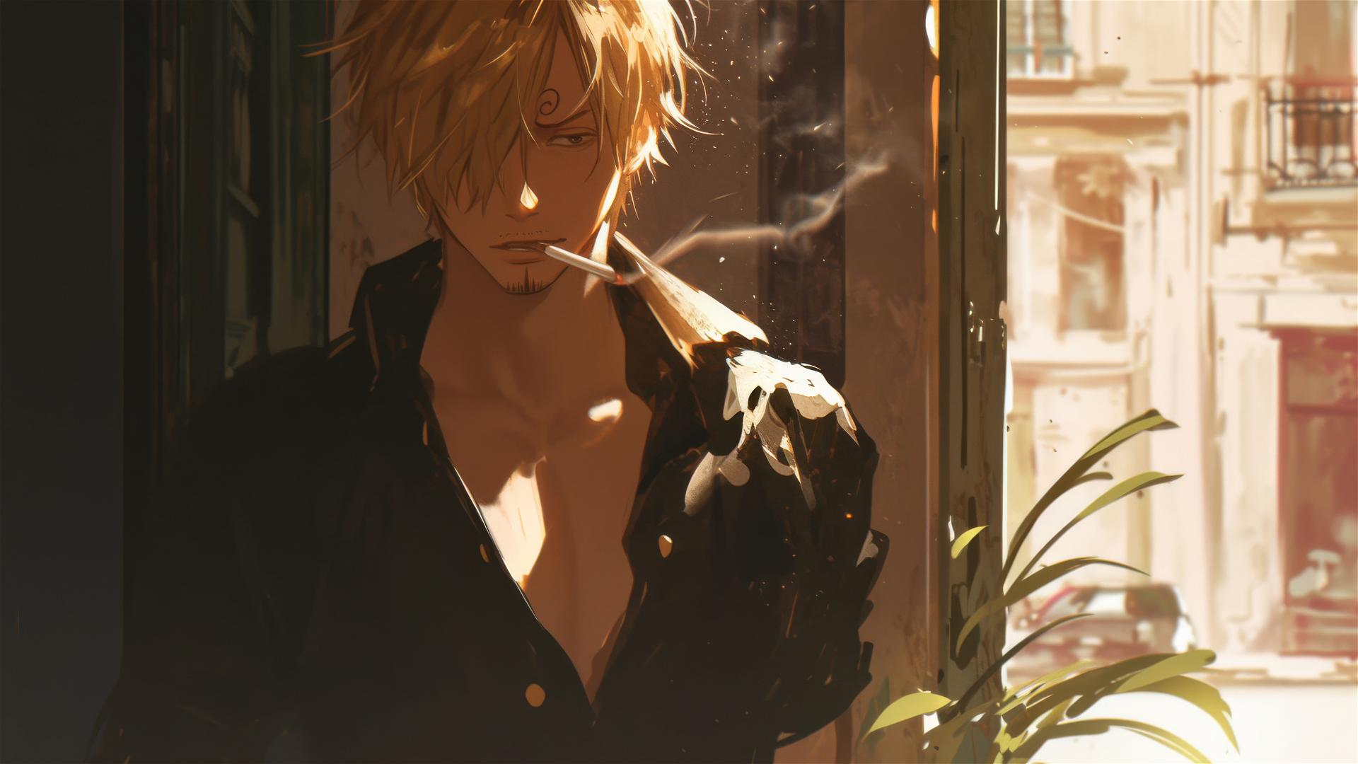Sanji from One Piece standing in a lit doorway smoking and looking back