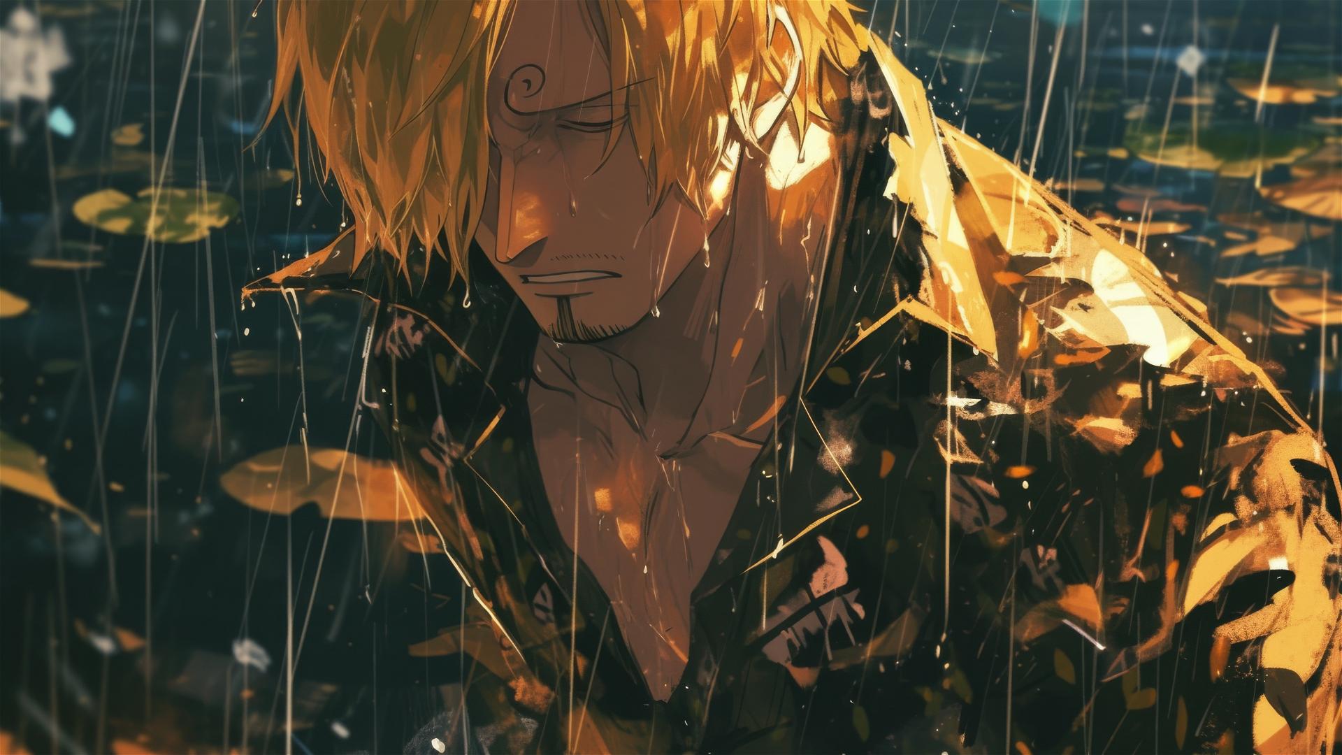 Sanji from One Piece reflecting in a puddle during a rainstorm