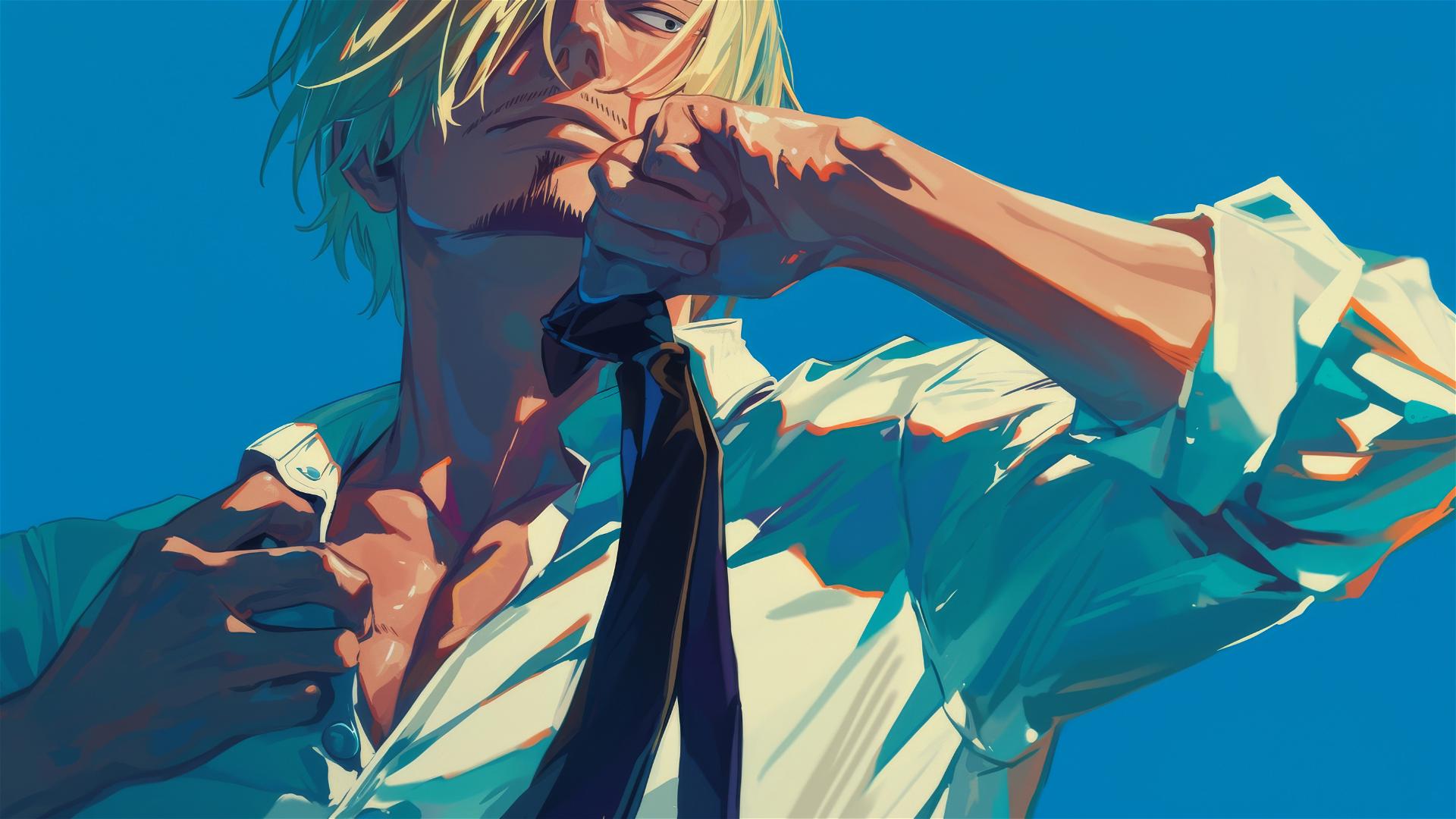 Sanji from One Piece tying his tie in a close-up dramatic shot
