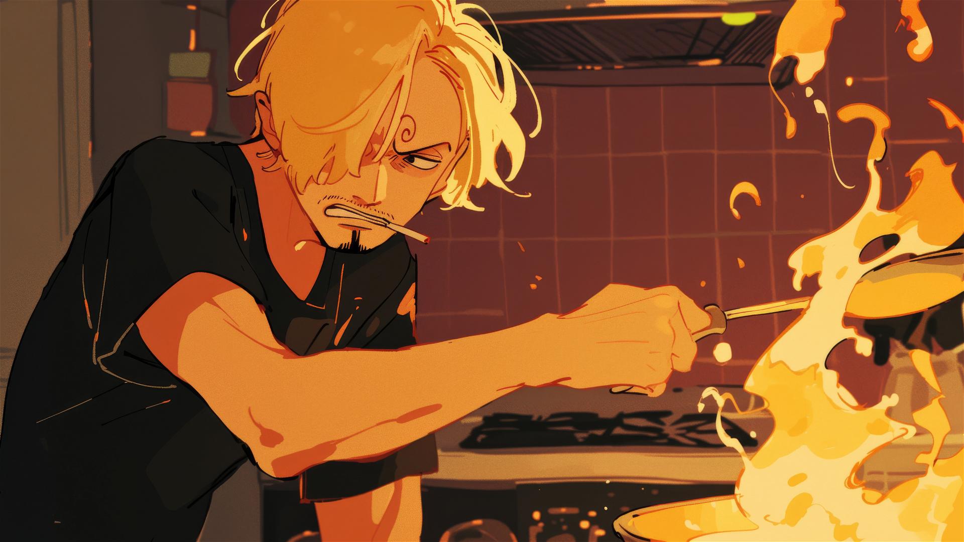 Sanji from One Piece in a fiery kitchen scene