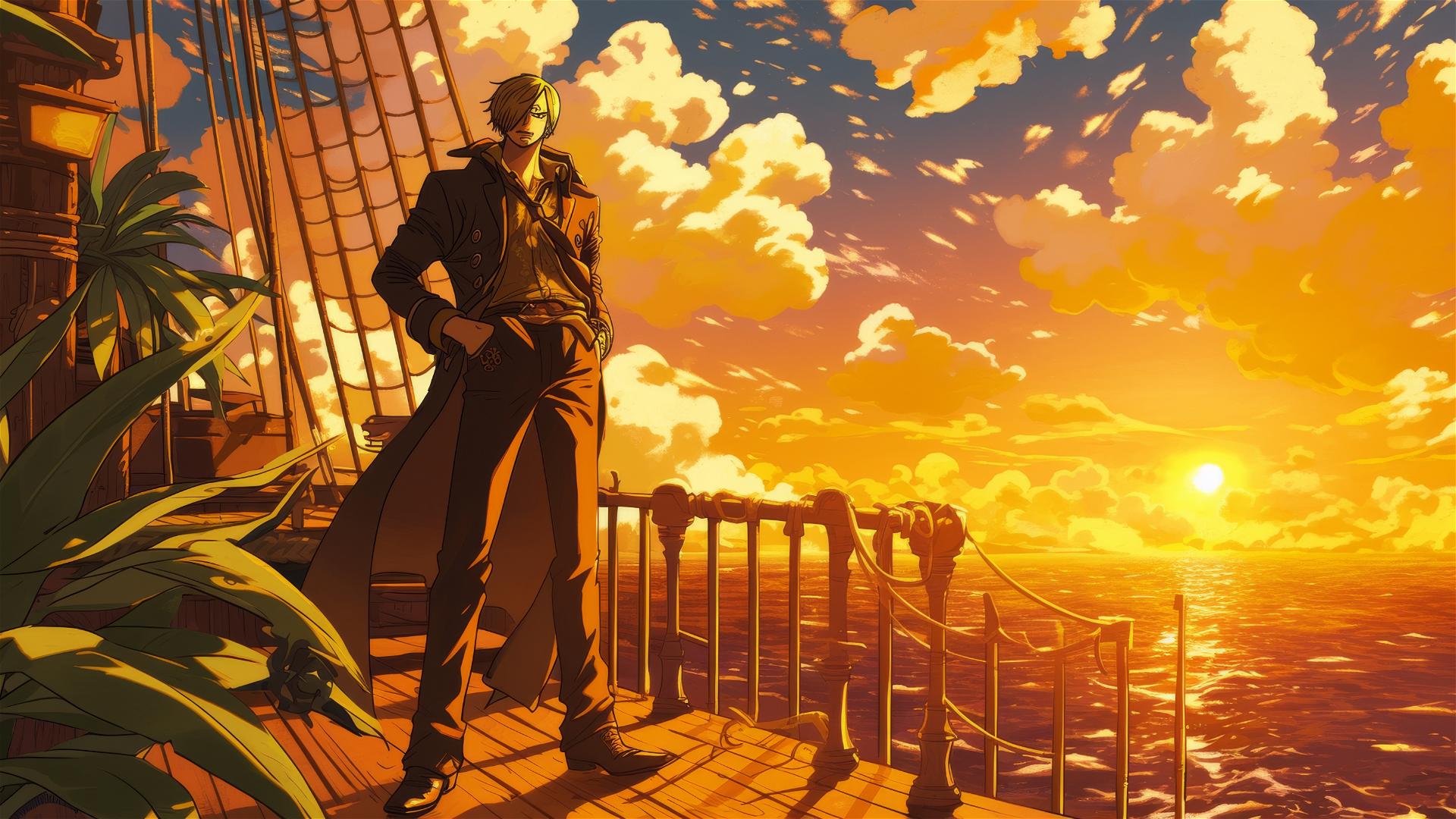 Silhouette of Sanji from One Piece against sunset on deck