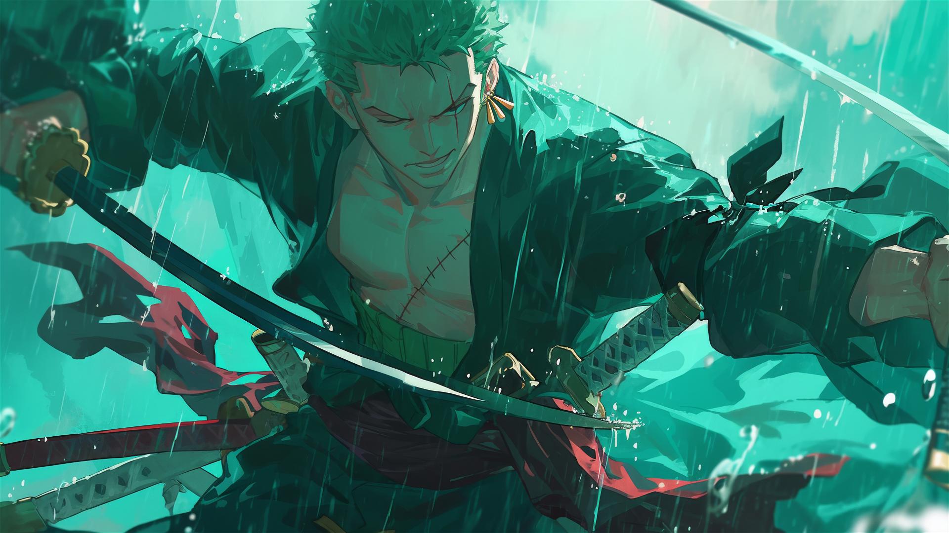 Roronoa Zoro with swords in storm