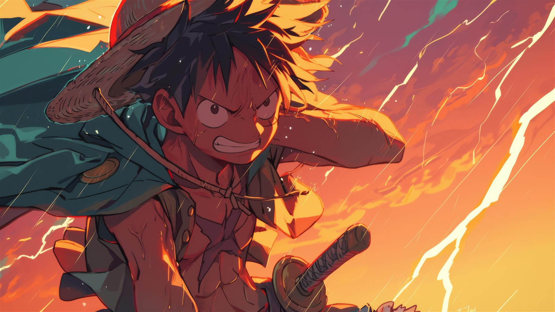 Luffy from One Piece on a highway with distant thunderstorms