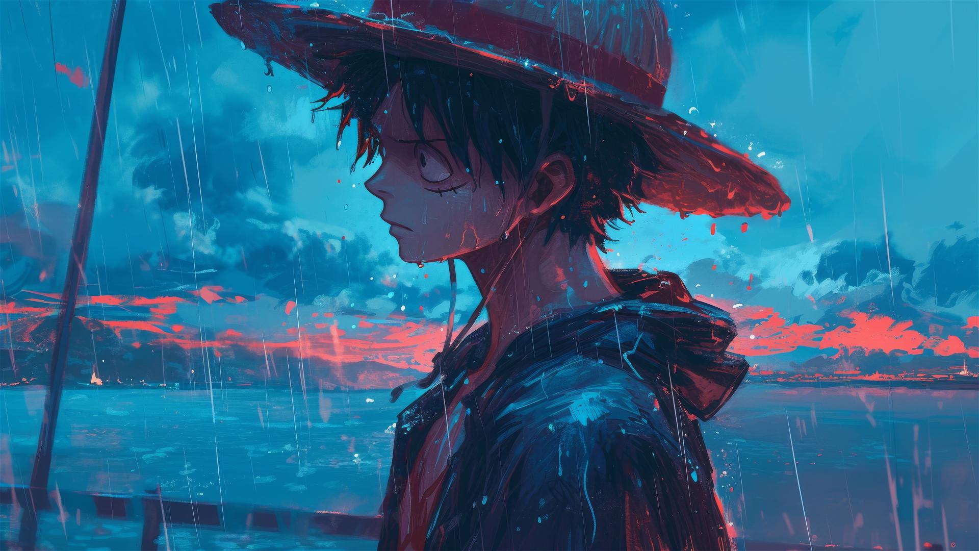 Luffy under rain-soaked hat overlooking foggy harbor