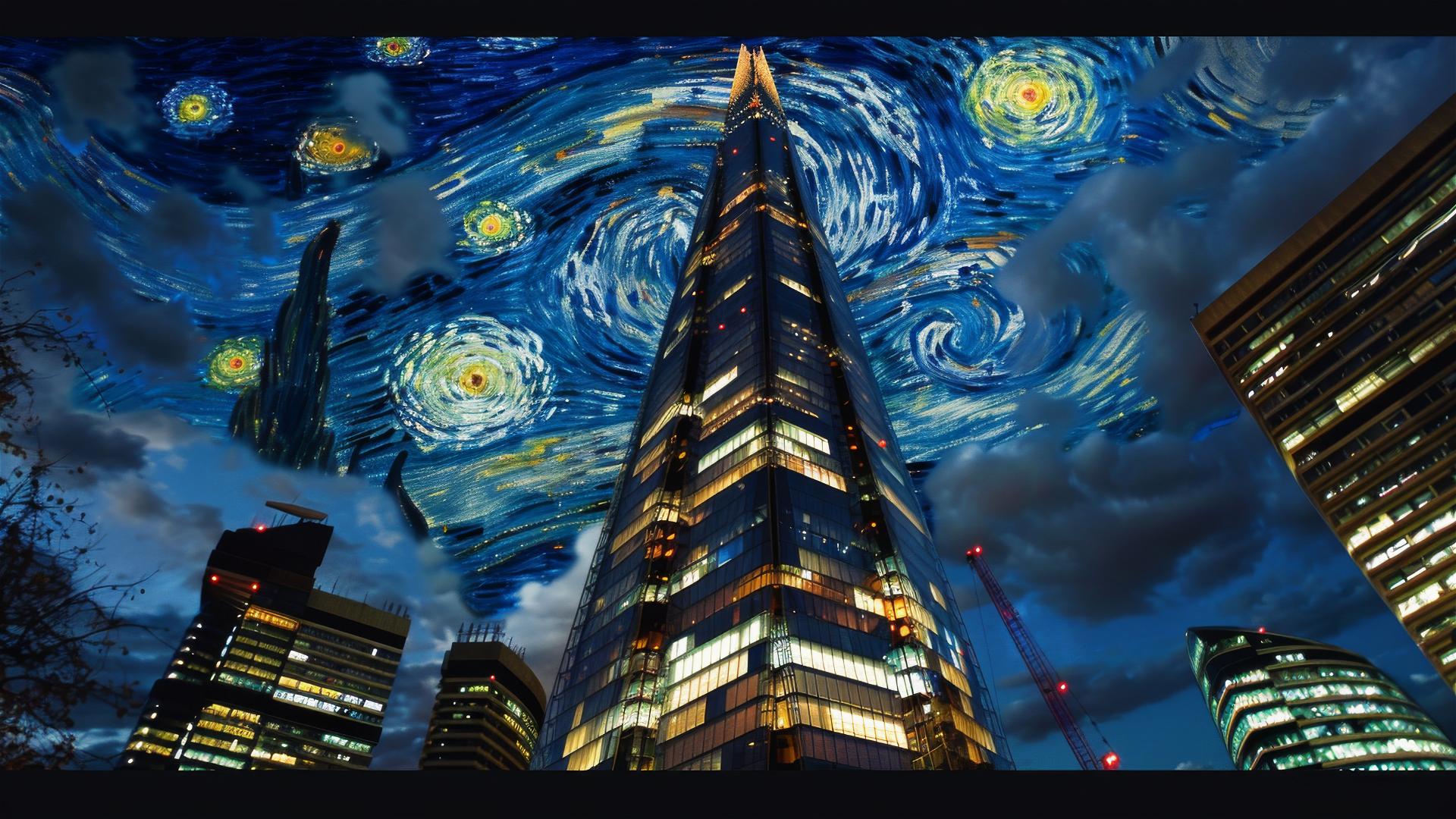The Shard in London at night with Starry Night sky