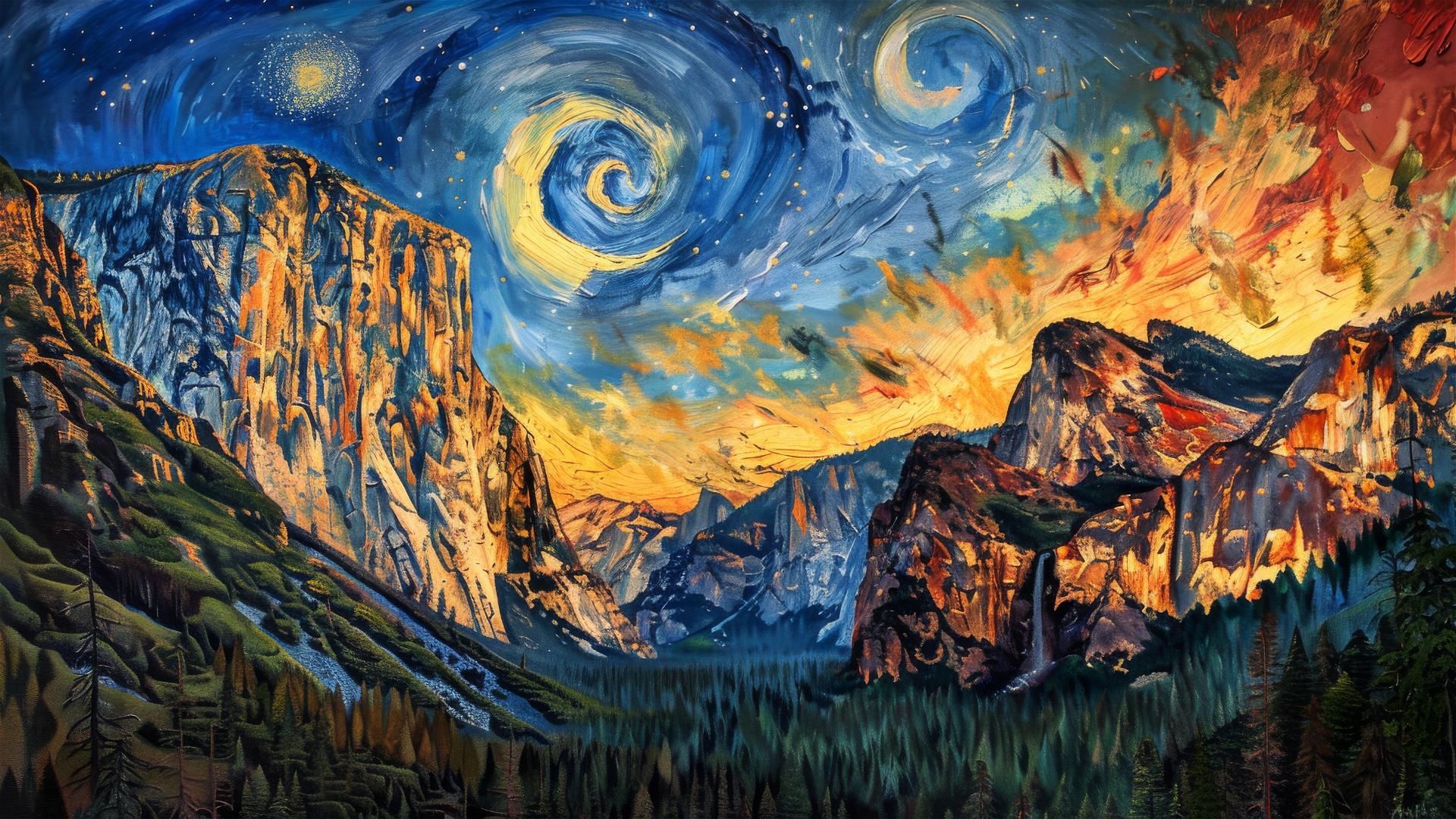 Yosemite Valley cliffs at sunset with Starry Night sky