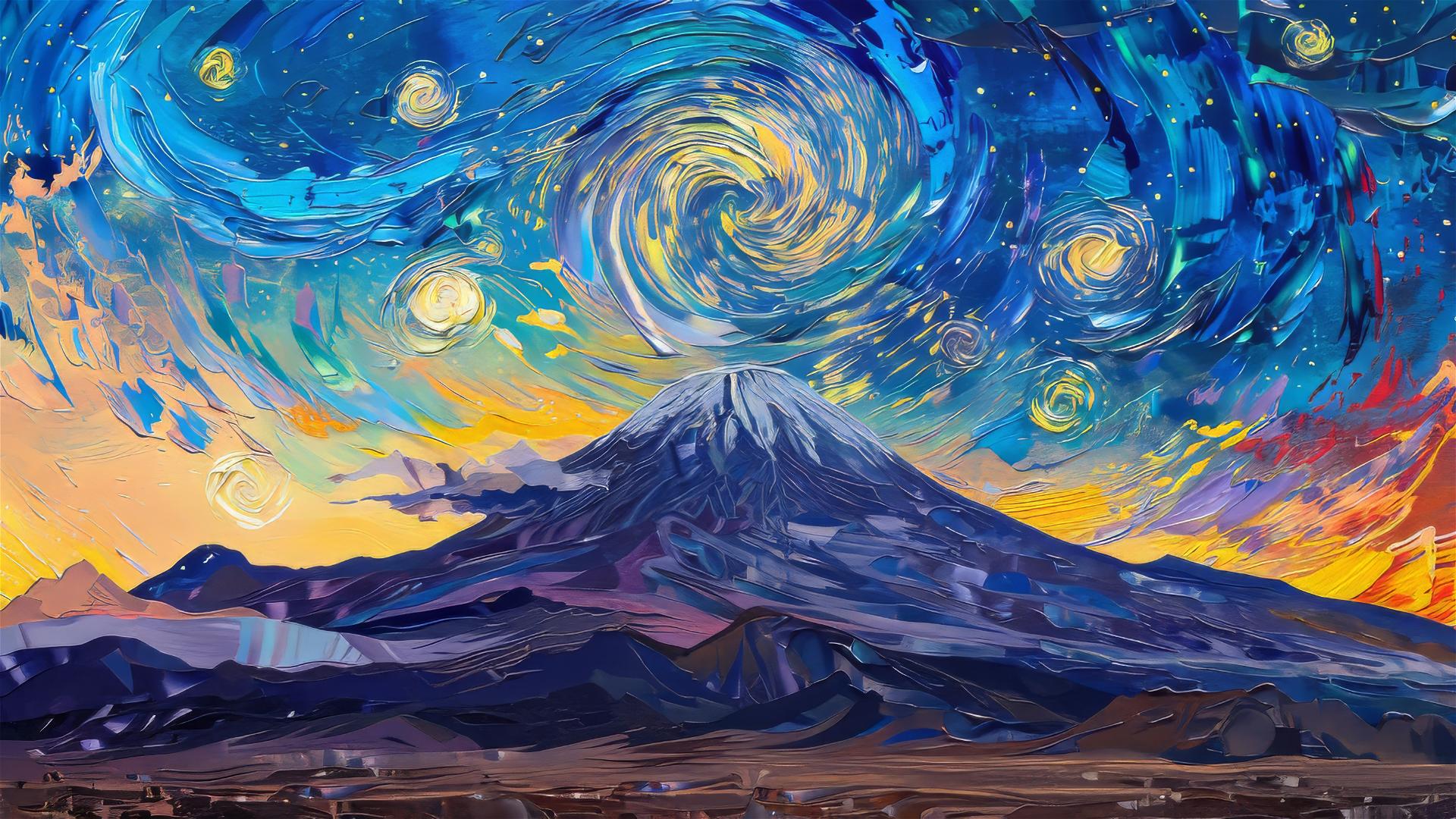 Mount Kilimanjaro at dawn with Van Gogh's Starry Night sky