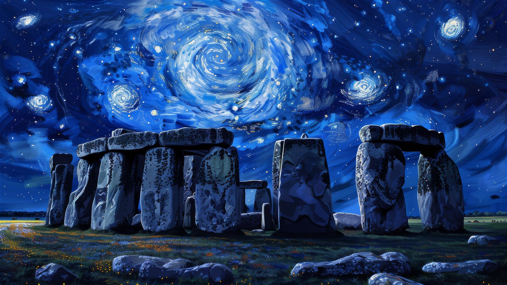 Stonehenge beneath van Gogh style starry sky