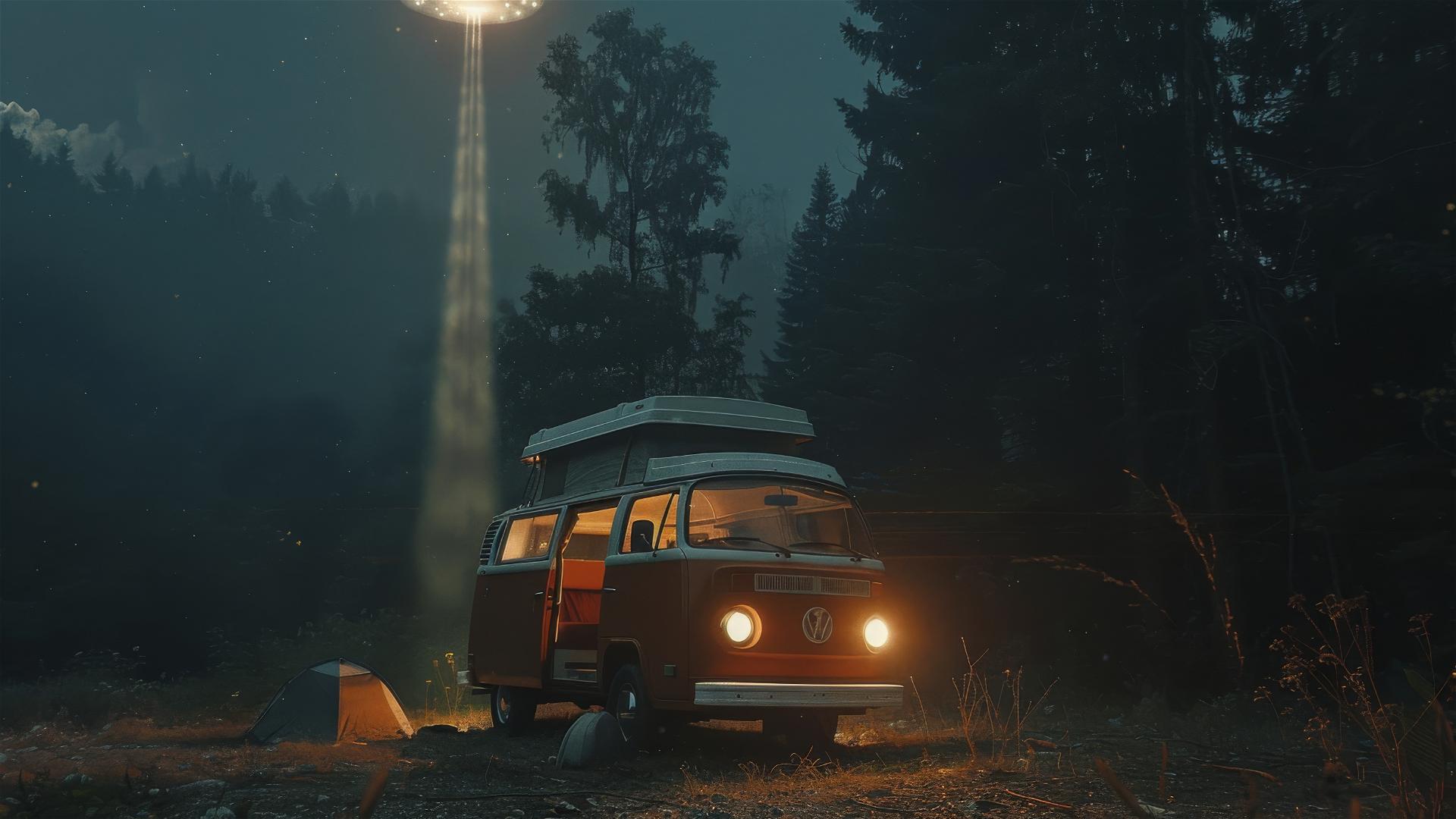 Cinematic scene of a UFO abducting people with a light beam near a camper van