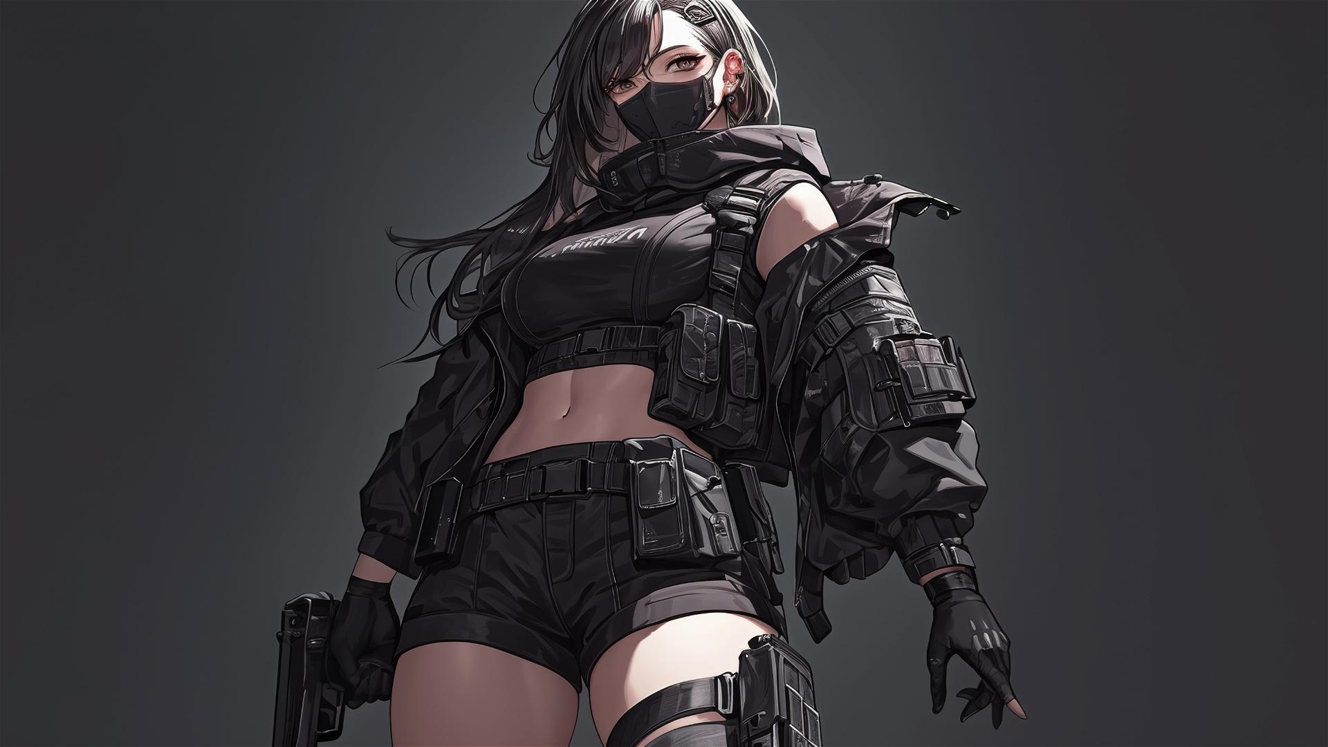 Beautiful school girl with a focus on thighs and masked face in a dynamic pose with a spotlight effect on a dark background