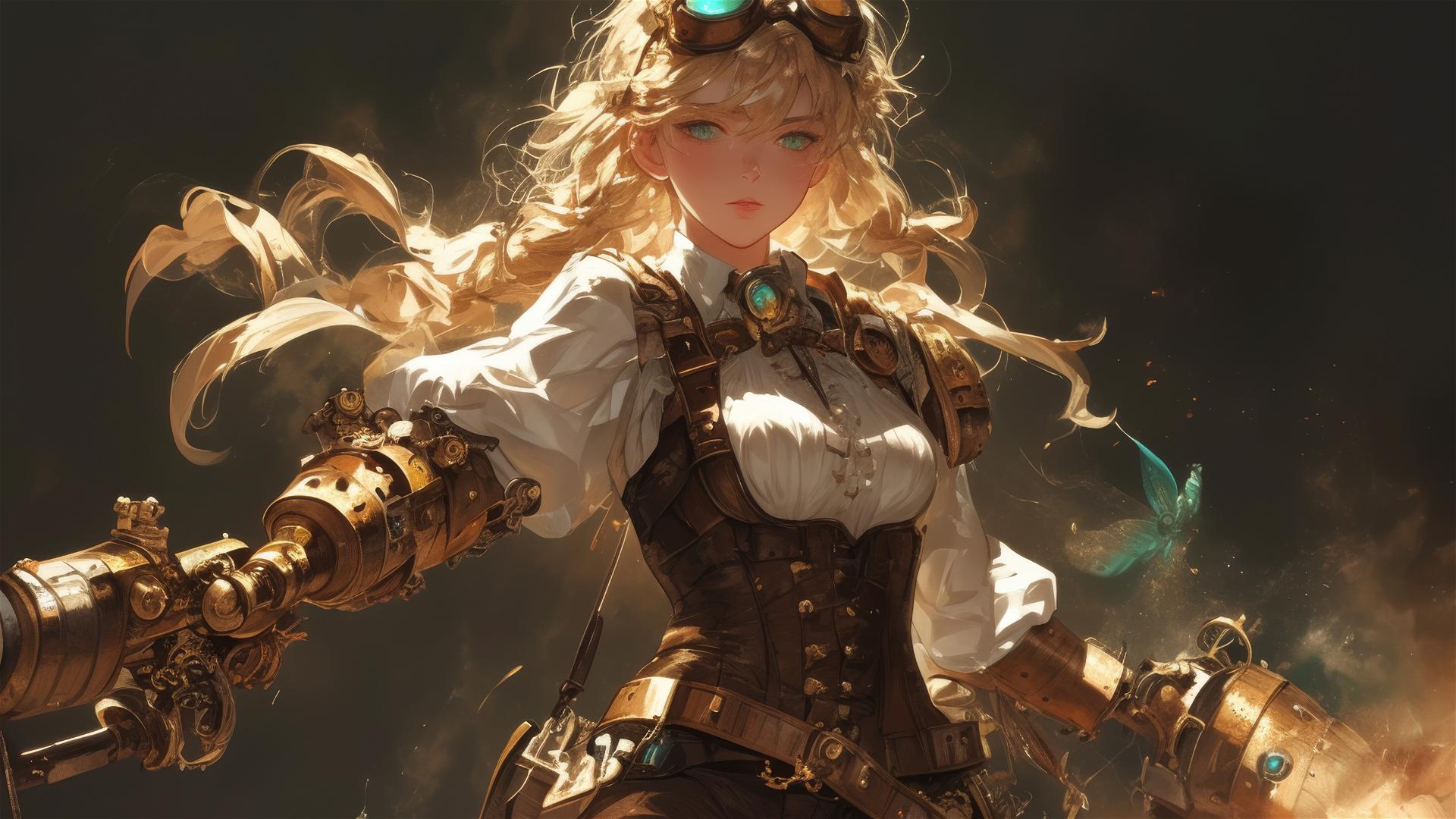 Steampunk adventurer girl in a dynamic pose against a dark background, with a spotlight effect and focus on thighs